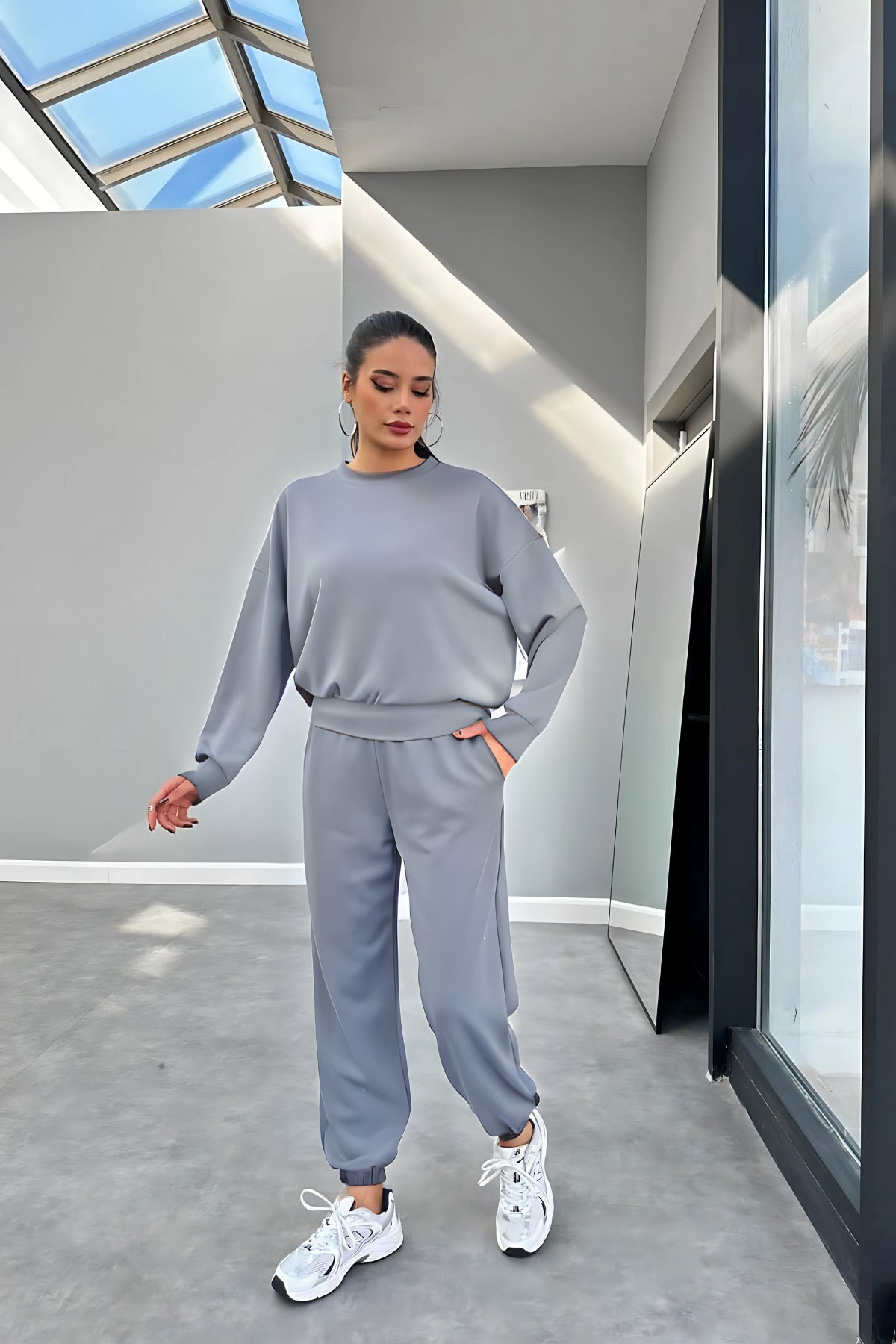 Kadın Bisiklet Yaka Yüksek Bel Yumuşacık Oversize Eşofman Takımı - Gri - 1