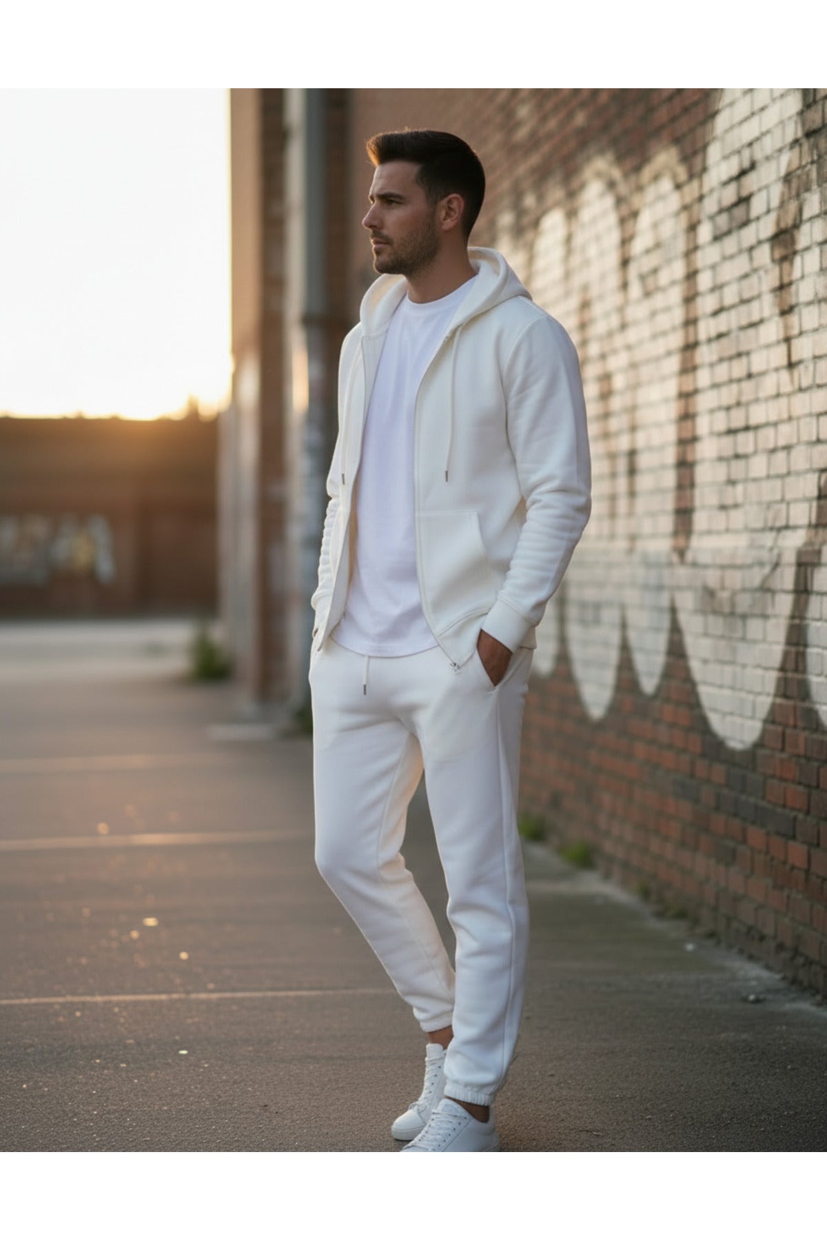 Erkek 3 İ̇pli̇k Fermuarli Kapüşonlu Oversi̇ze Sweatshirt Jogger Eşofman Takimi - Beyaz - 2