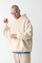 Erkek Bol Kesim Oversize 3 İplik İçi Pamuklu Şardonlu Kanguru Cep Kapşonlu Kışlık Hoodie Sweatshirt - Bej - 2