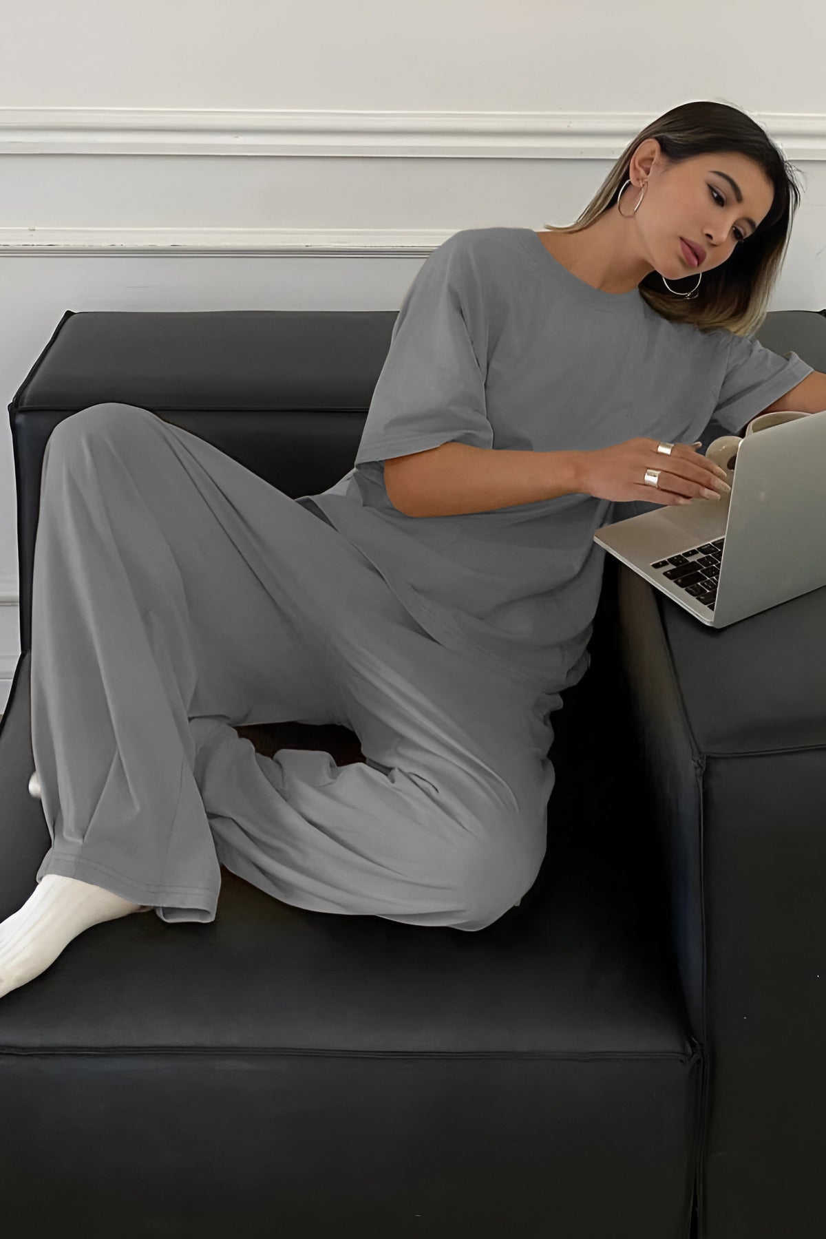 Kadın Bisiklet Yaka Yazlık Kısa Kollu Pijama Takımı - Gri - 1