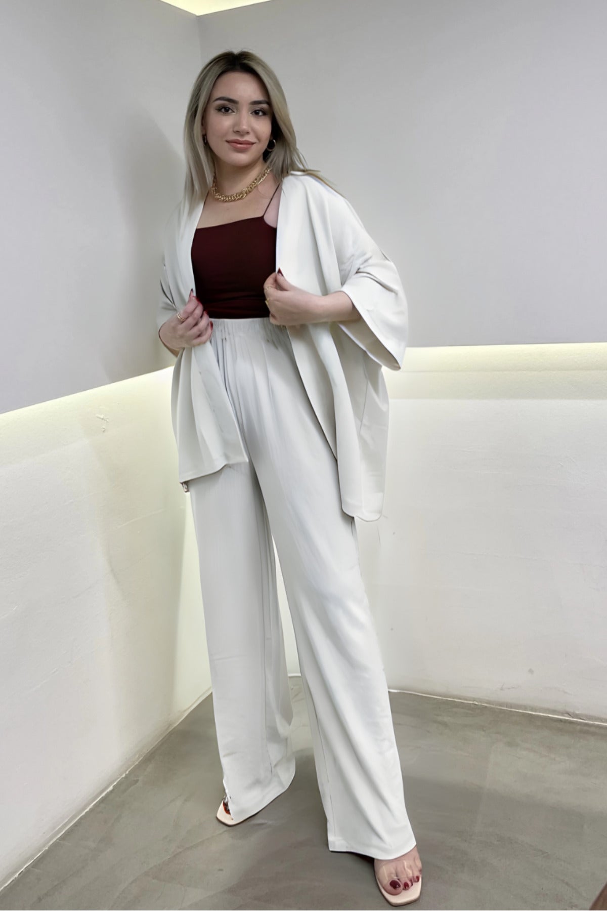 Kadın Beyaz Dökümlü Bürümcük Yazlık Kimono Takım - WHİTE - 1