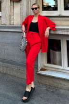 Kadın Dökümlü Bürümcük Yazlık Palazzo Trend Kimono Takım - Kırmızı - 3