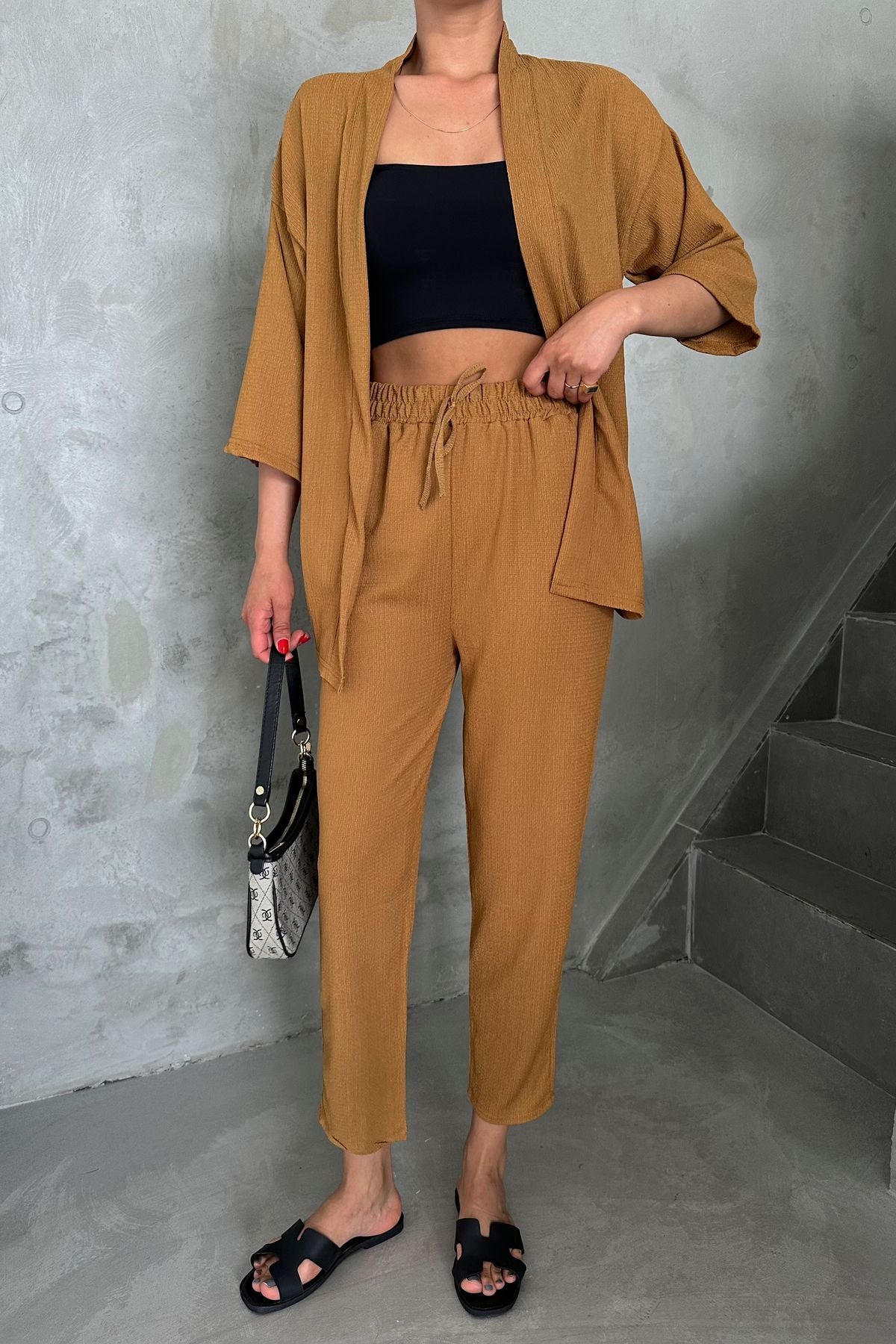 Kadın Dökümlü Bürümcük Yazlık Palazzo Kimono Takım - CAMEL - 5