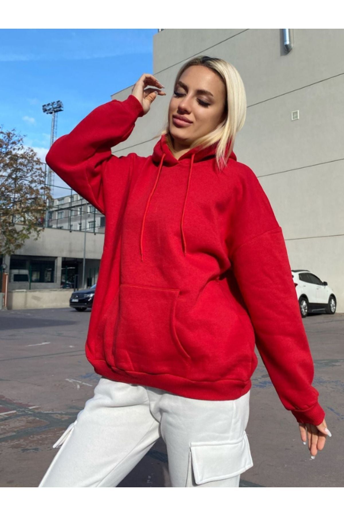 Kadın Kırmızı Hoodie Sweatshirt Kapşonlu 3 İplik Puf 248-1 - Kırmızı - 3