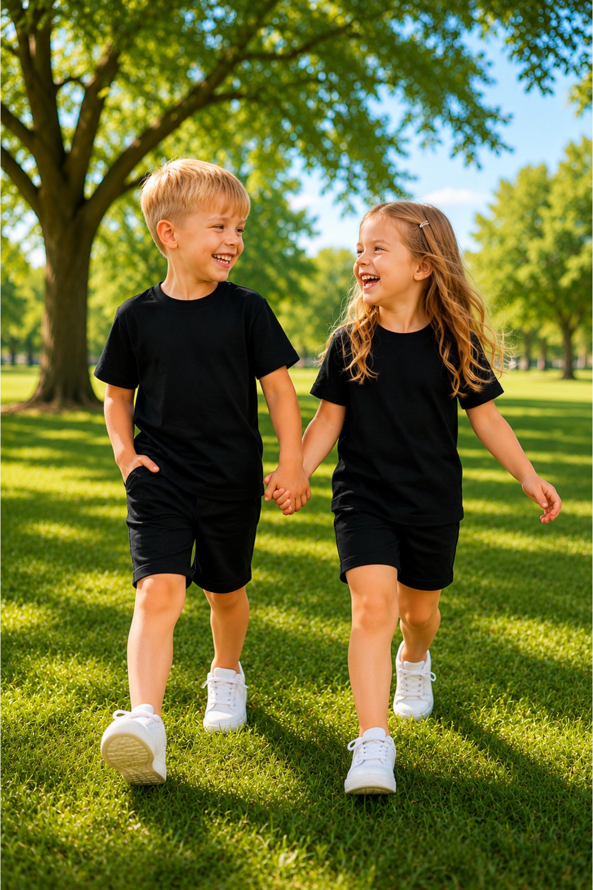 Çocuk Unisex Kisa Kollu Oversize Rahat Kesi̇m Beli̇ Bağlamali Li̇krali T-shi̇rt Şortlu Yazlik Takim - Siyah - 1