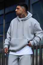 Erkek Oversize 3 İ̇plik Pamuklu Şardonlu Kanguru Cep Kapşonlu Kalın Hoodie Sweatshirt - Gri - 3