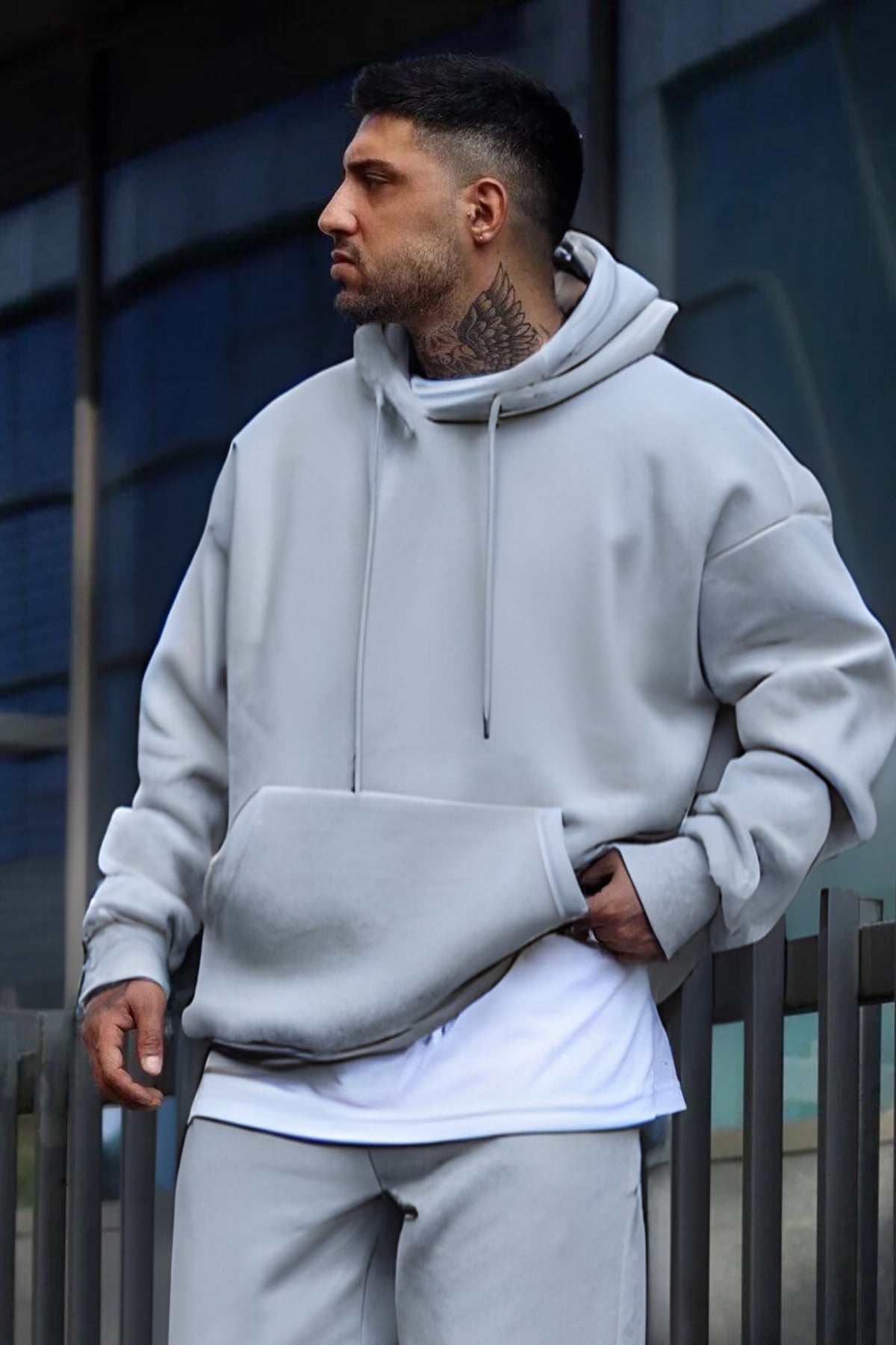 Erkek Oversize 3 İ̇plik Pamuklu Şardonlu Kanguru Cep Kapşonlu Kalın Hoodie Sweatshirt - Gri - 3