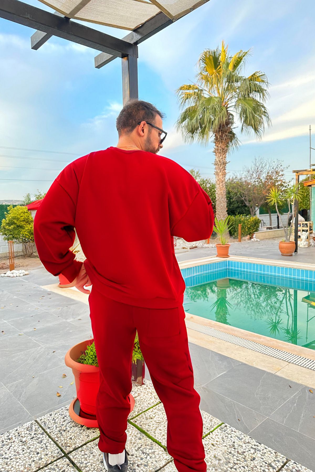 Erkek Unisex 3 İ̇plik Kirmizi Takim Bisiklet Yaka Sweatshirt Ve Eşofman Altı - Kırmızı - 4