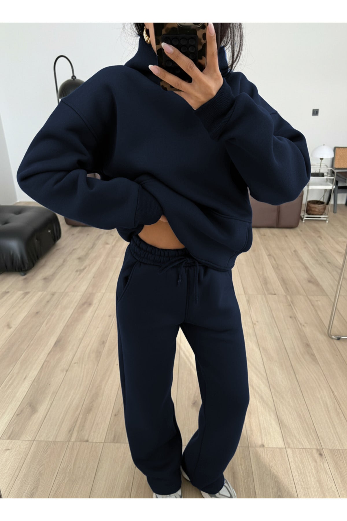 Kadın Boyfriend 3 İplik Şardonlu Bol Paça Oversize Casual Takım - Lacivert - 3