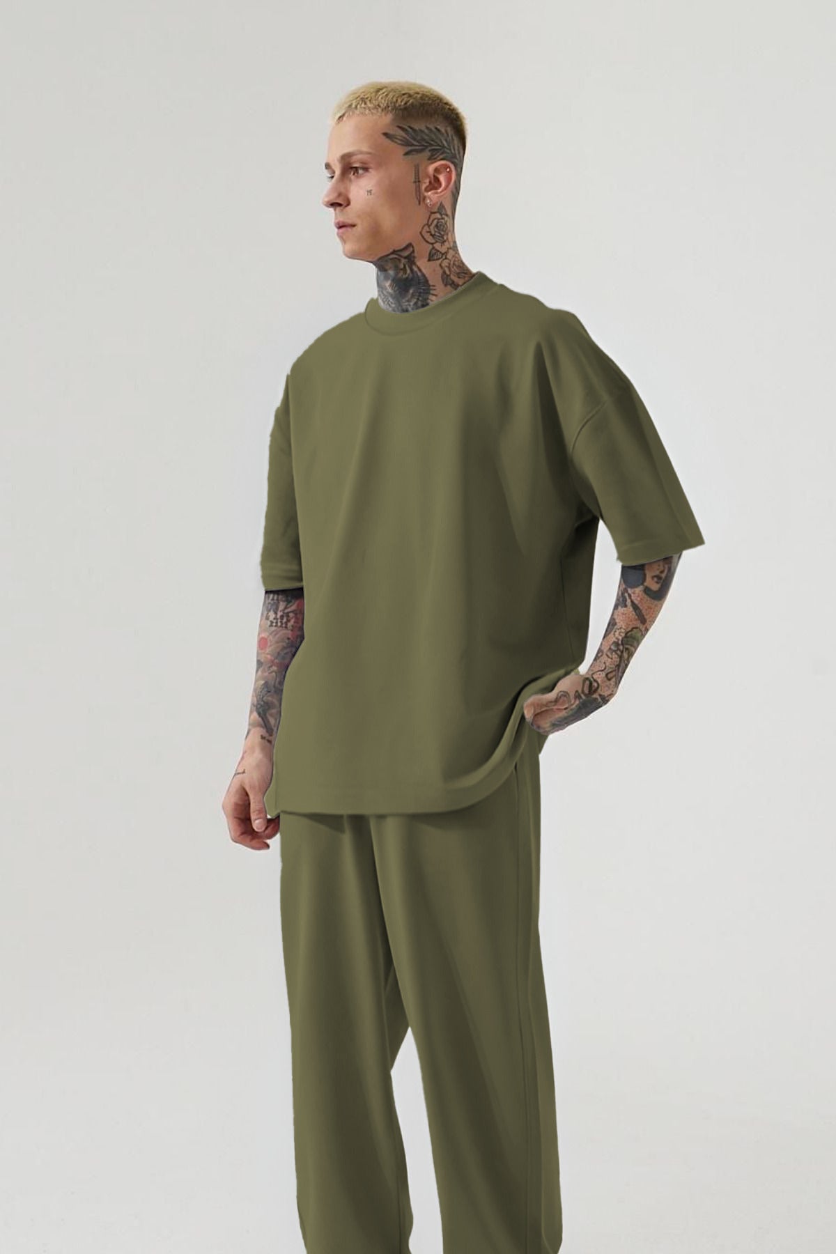 Erkek Oversize T-shirt Ve Eşofman Altı Pijama Takımı - Yeşil 1 - 1