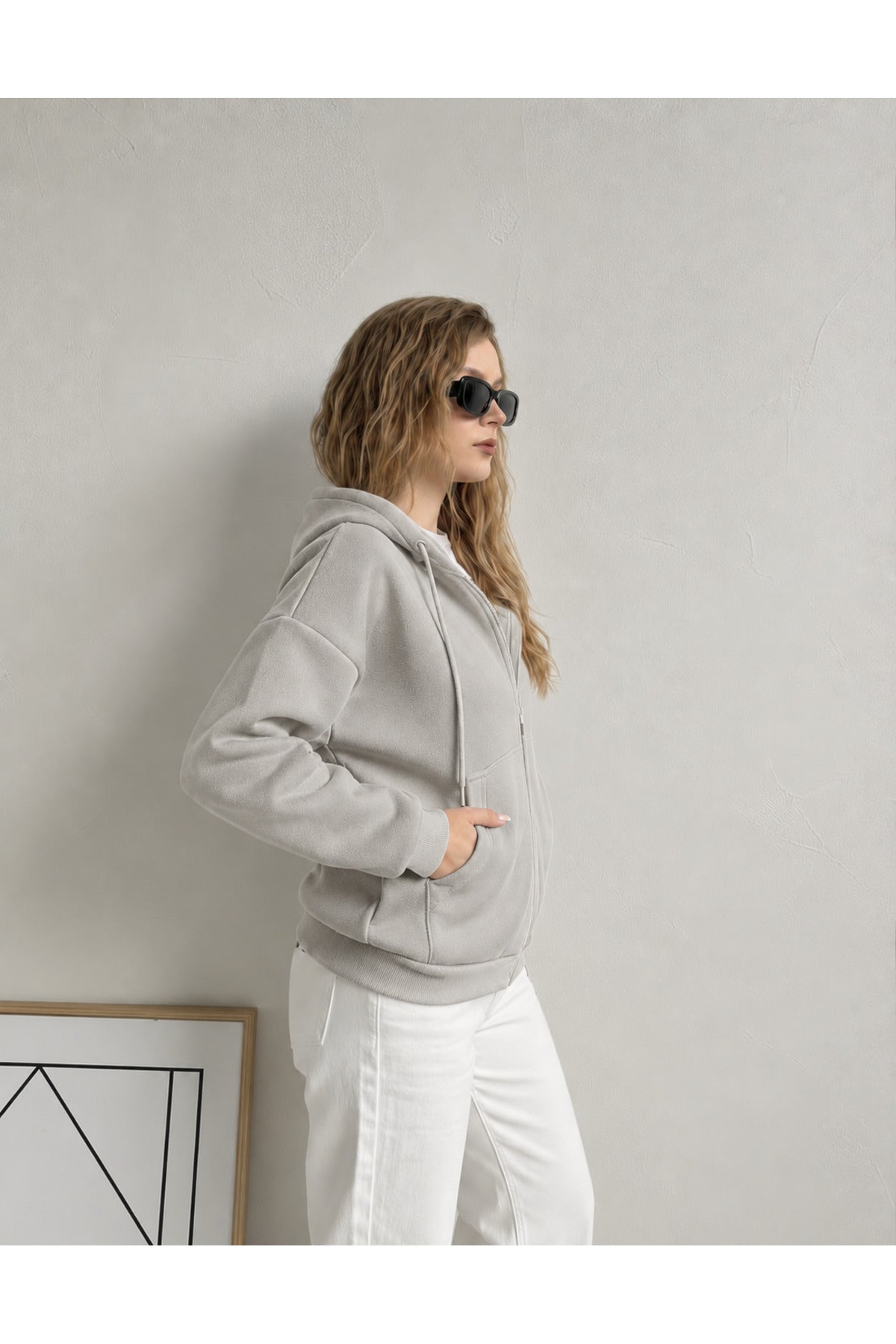 Kadin 3 İ̇pli̇k Kapüşonlu Fermuarli Oversi̇ze Sweatshirt Hirka - Gri - 2