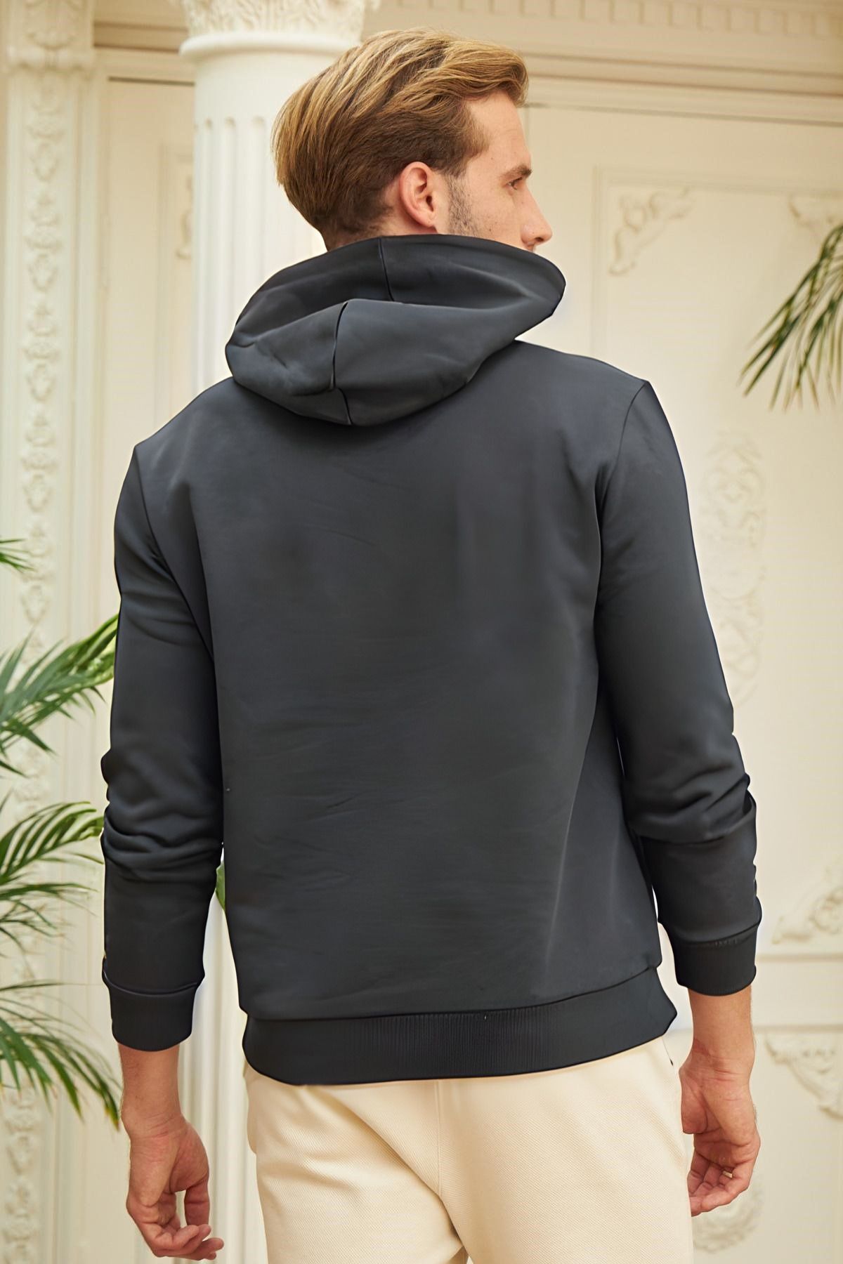 Erkek Kapşonlu Kanguru Cepli̇ 3 İ̇pli̇k Oversi̇ze Sweatshi̇rt - Füme - 4
