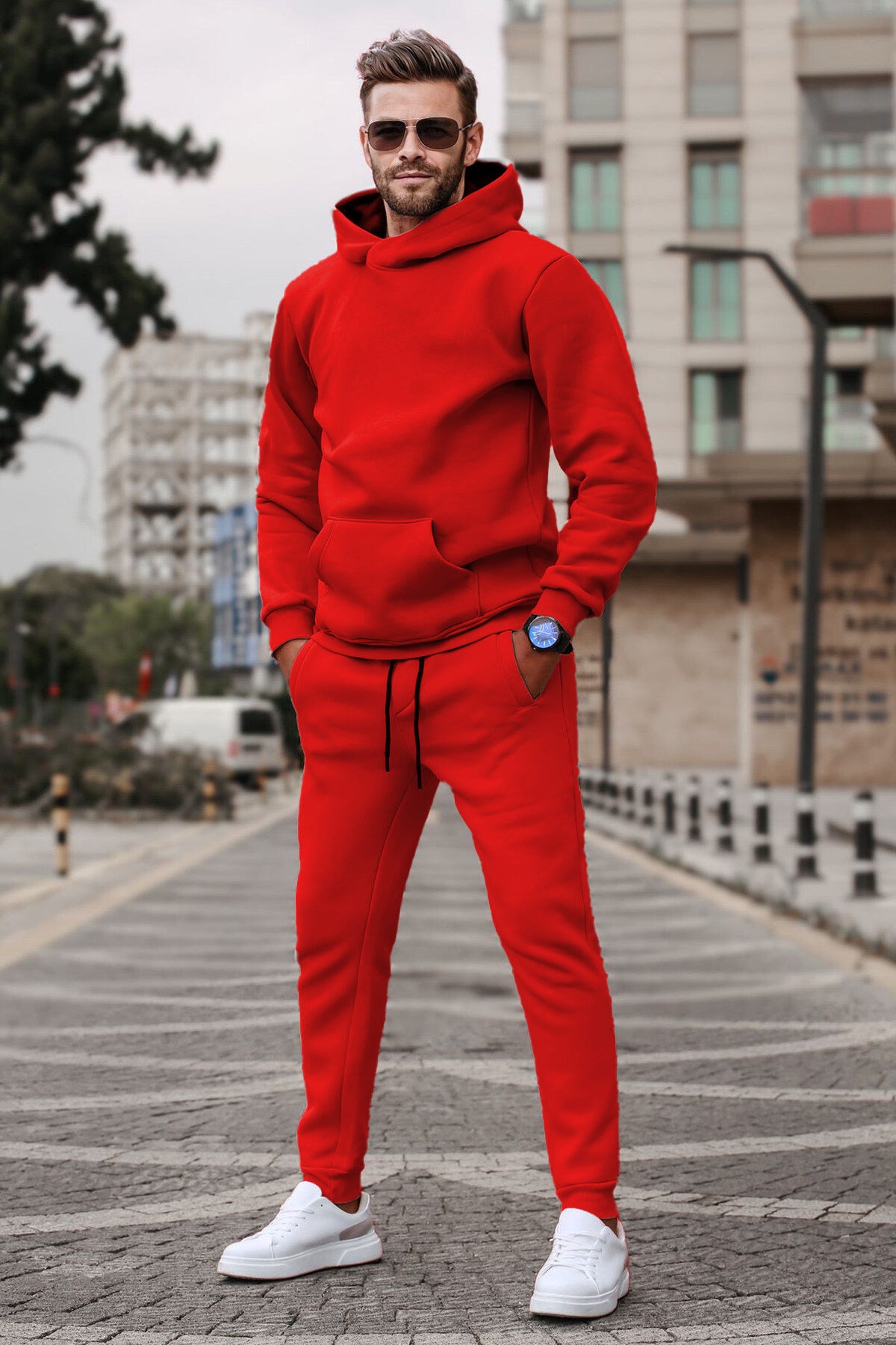 Erkek Oversize 3 İplik Kangur Cep Şardonlu Kapşonlu Eşofman Takımı - Kırmızı - 1
