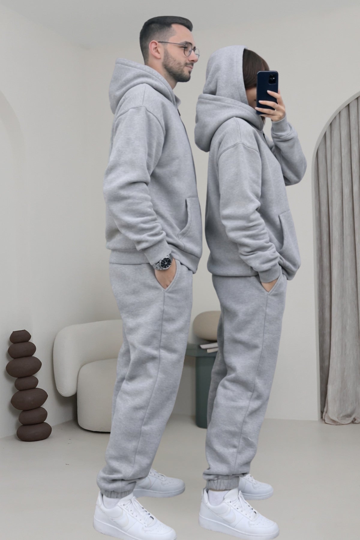 Çiftlere Özel Basic Oversize Kapşonlu Eşofman Takımı - Gri Melanj - 2