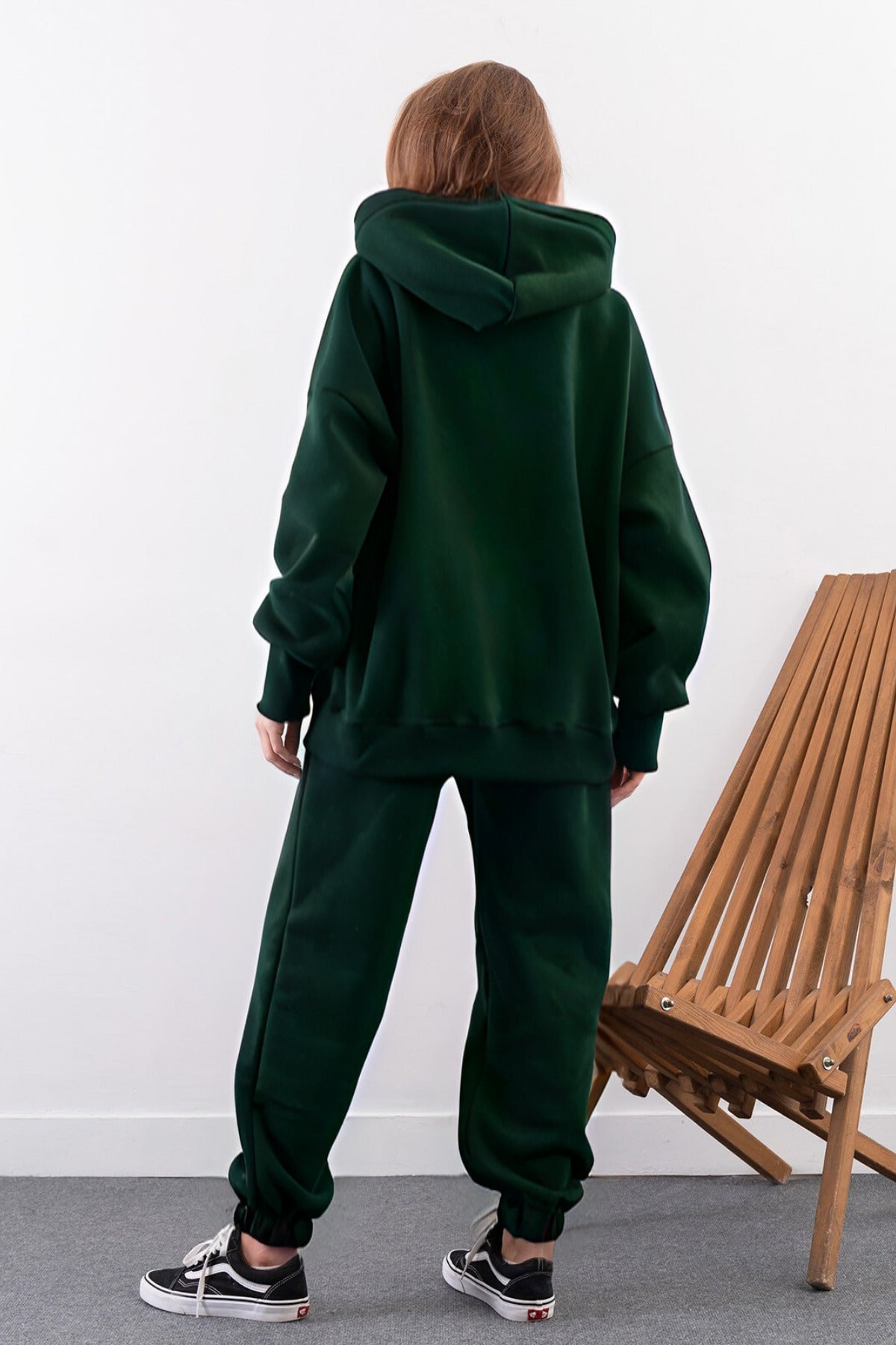Kadın Yüksek Bel 3 İ̇plik Kalın Şardonlu Oversize Fit Jogger Eşofman Takımı - Koyu Yeşil - 4