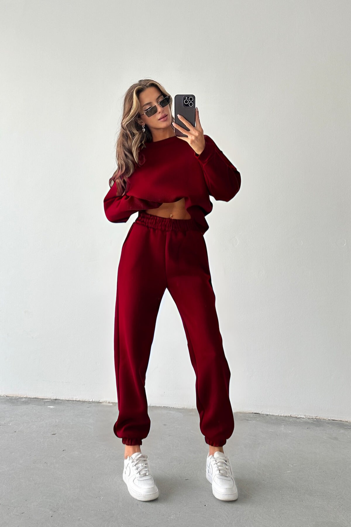 Kadın Oversize Geniş Kalıp Basic Pamuklu Eşofman Takıım - Bordo - 1