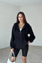 Kadın 3 İ̇plik Oversize Kapüşonlu Fermuarlı Hırka Sweatshirt - Siyah - 1