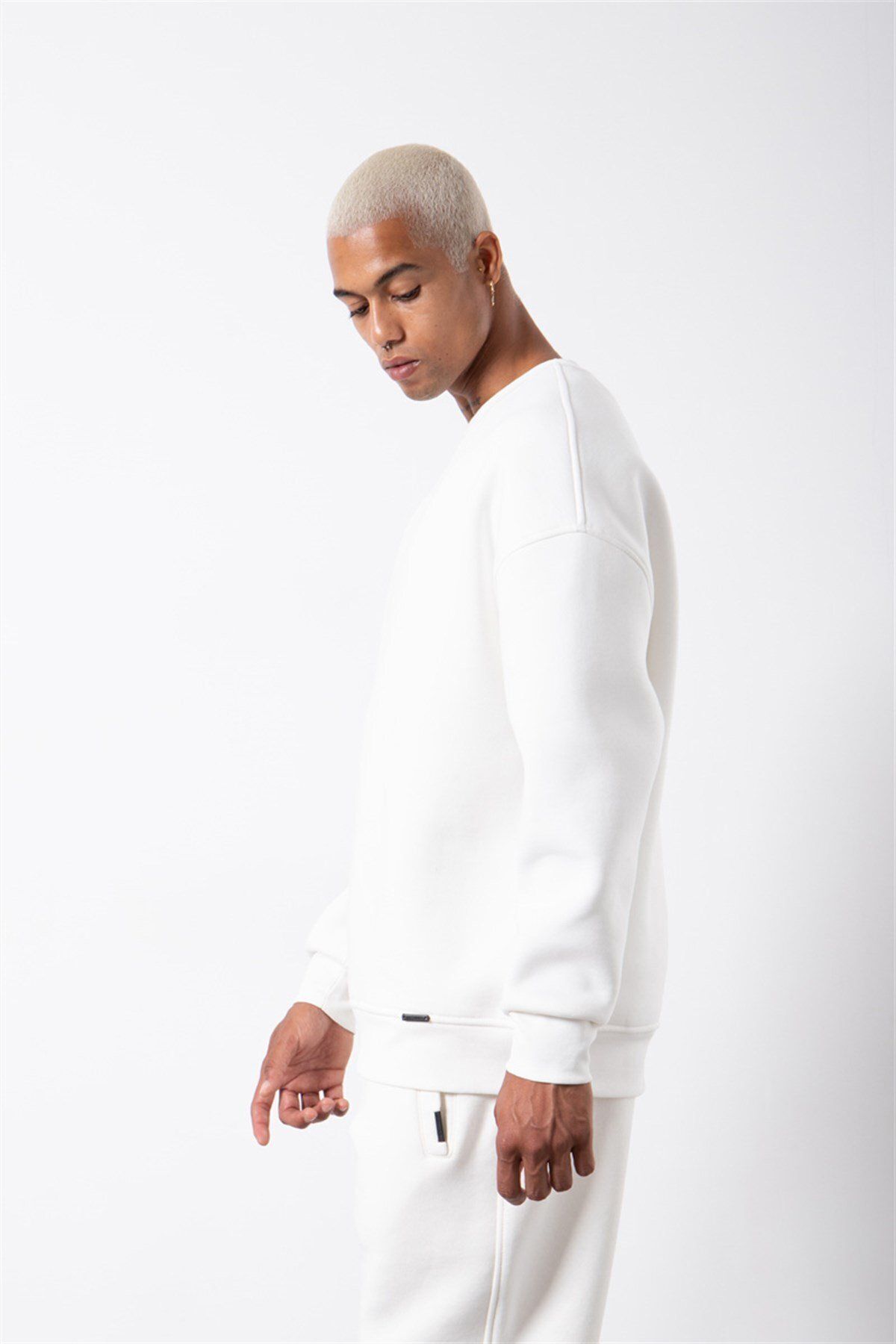 Erkek Bisiklet Yaka Oversize Sweatshirt - Beyaz - 3
