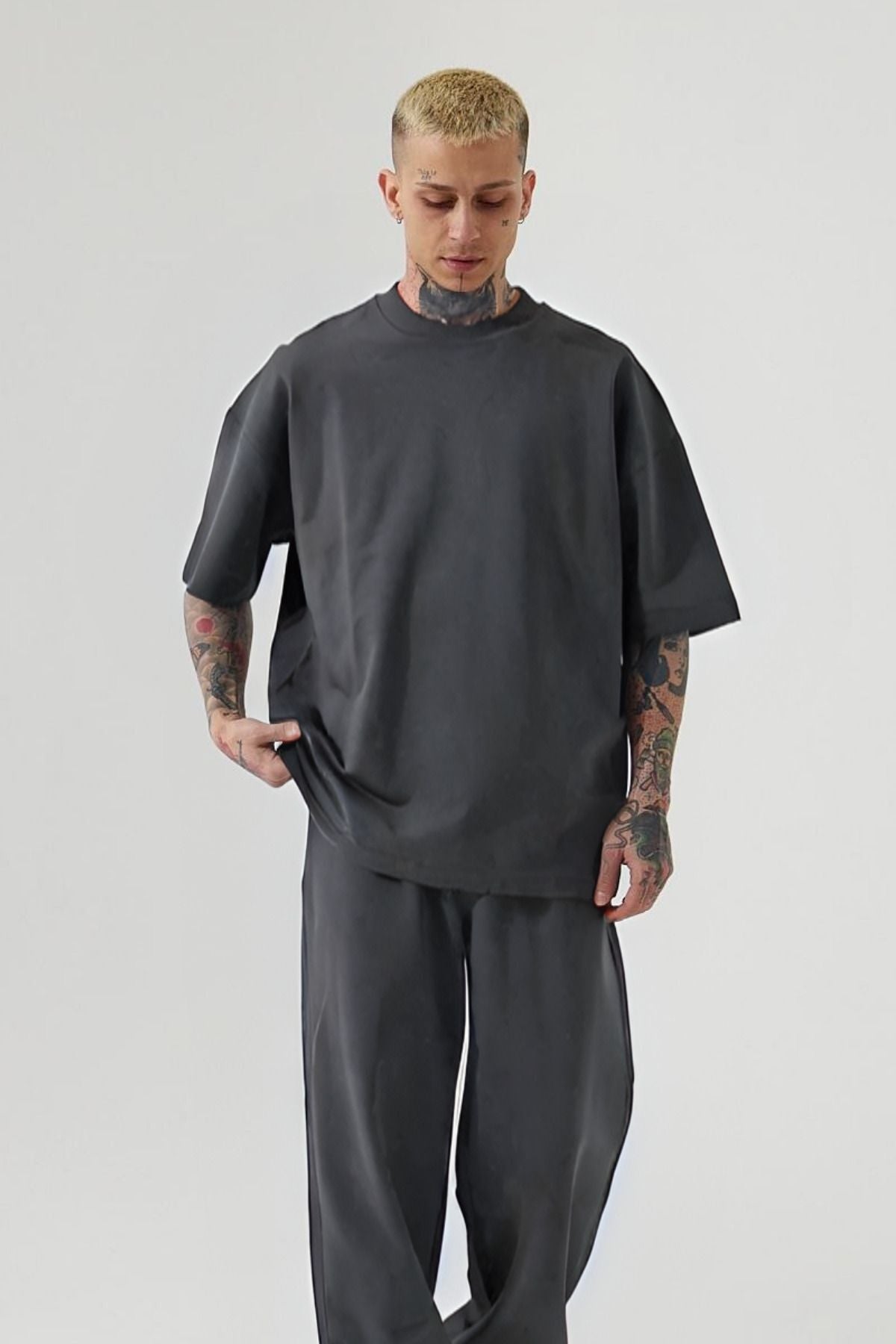 Erkek Kısa Kollu Pijama Takımı Bisiklet Yaka Dökümlü - Füme - 1
