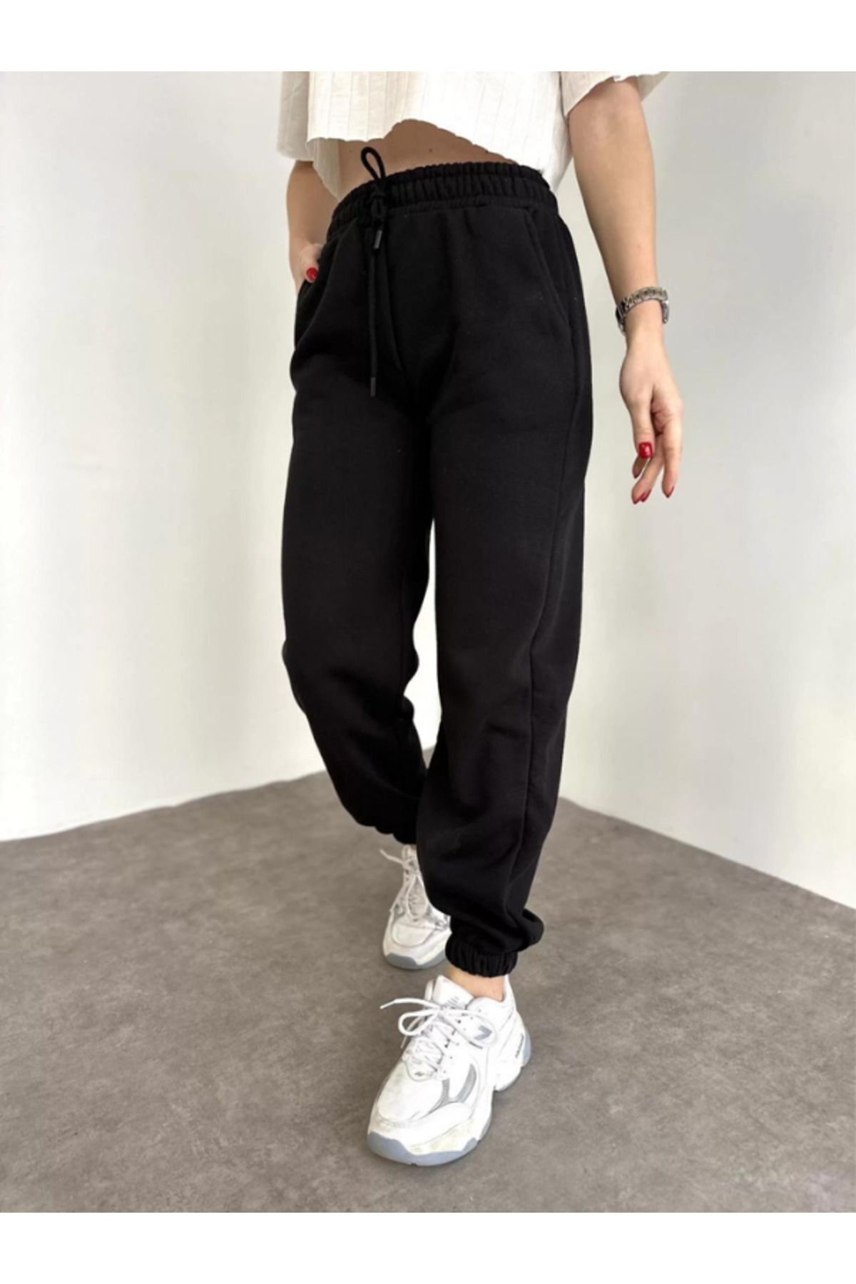 Unisex Kadın Siyah Kalın 3 İ̇plik Basic Jogger Örme Eşofman Altı - Siyah - 3