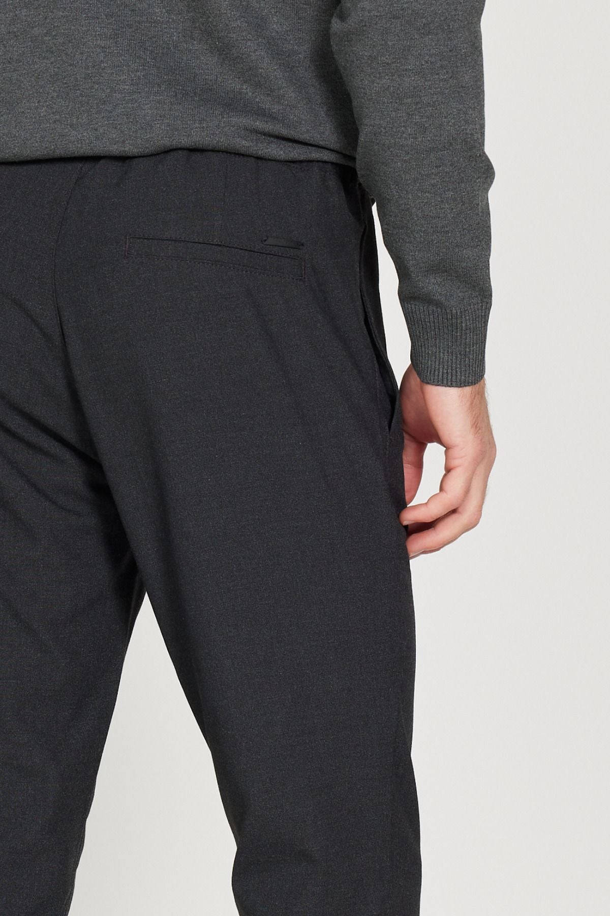 Erkek Beli Lastikli Likralı Duble Kumaş Pantolon - Füme - 8