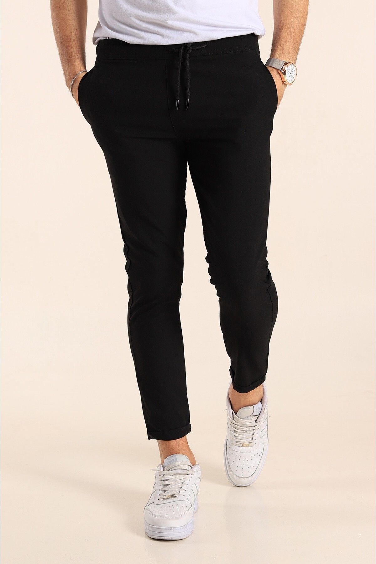 Erkek Siyah Esnek Jogger Kumaş Pantolon Beli Bağcıklı Duble Paça Yandan Cepli Likralı - Siyah/Black - 2