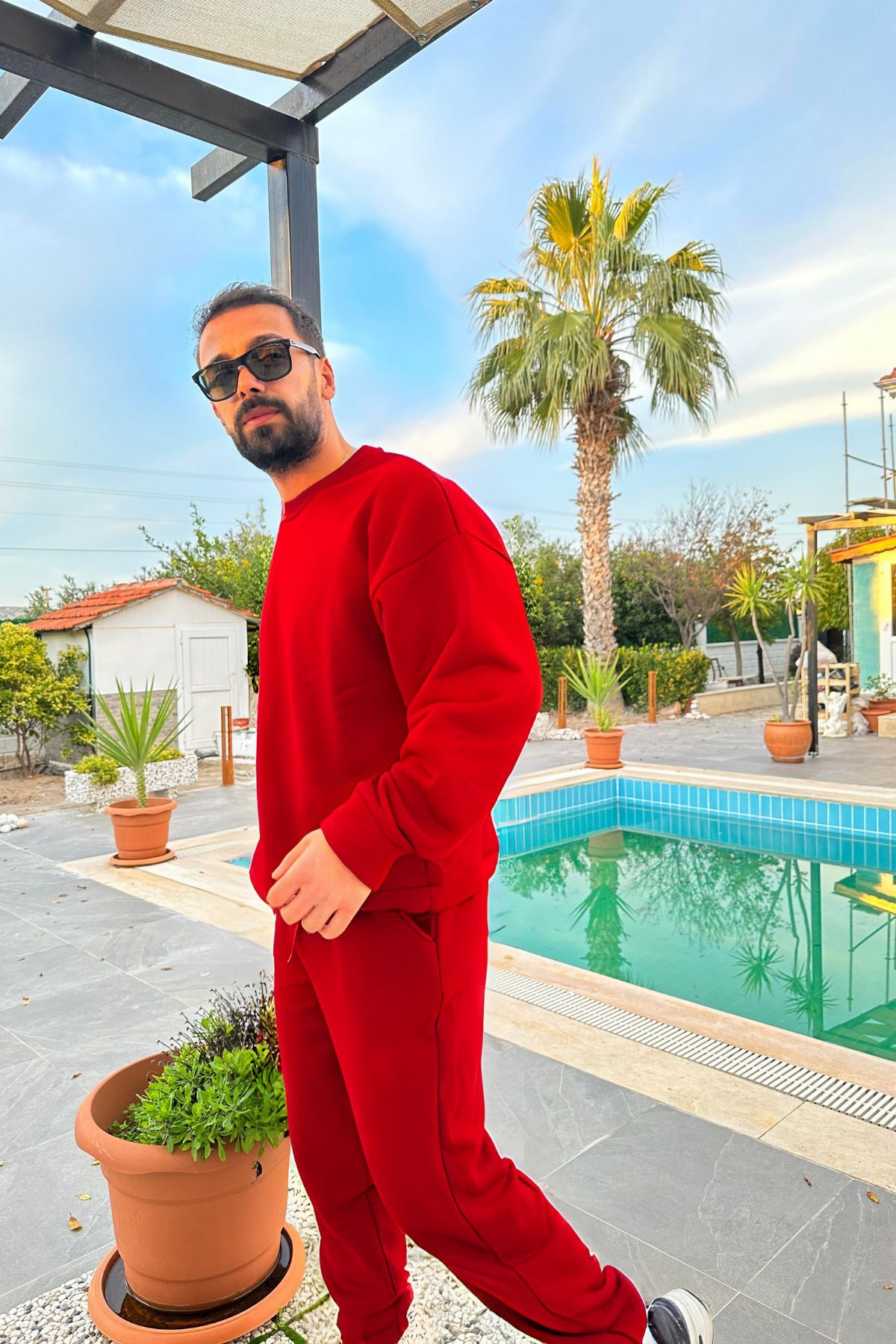 Erkek Unisex 3 İ̇plik Kirmizi Takim Bisiklet Yaka Sweatshirt Ve Eşofman Altı - Kırmızı - 2