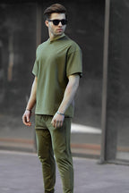 Erkek Rahat Yazlık Penye Oversize T-shirt Pijama Takımı - Haki - 2