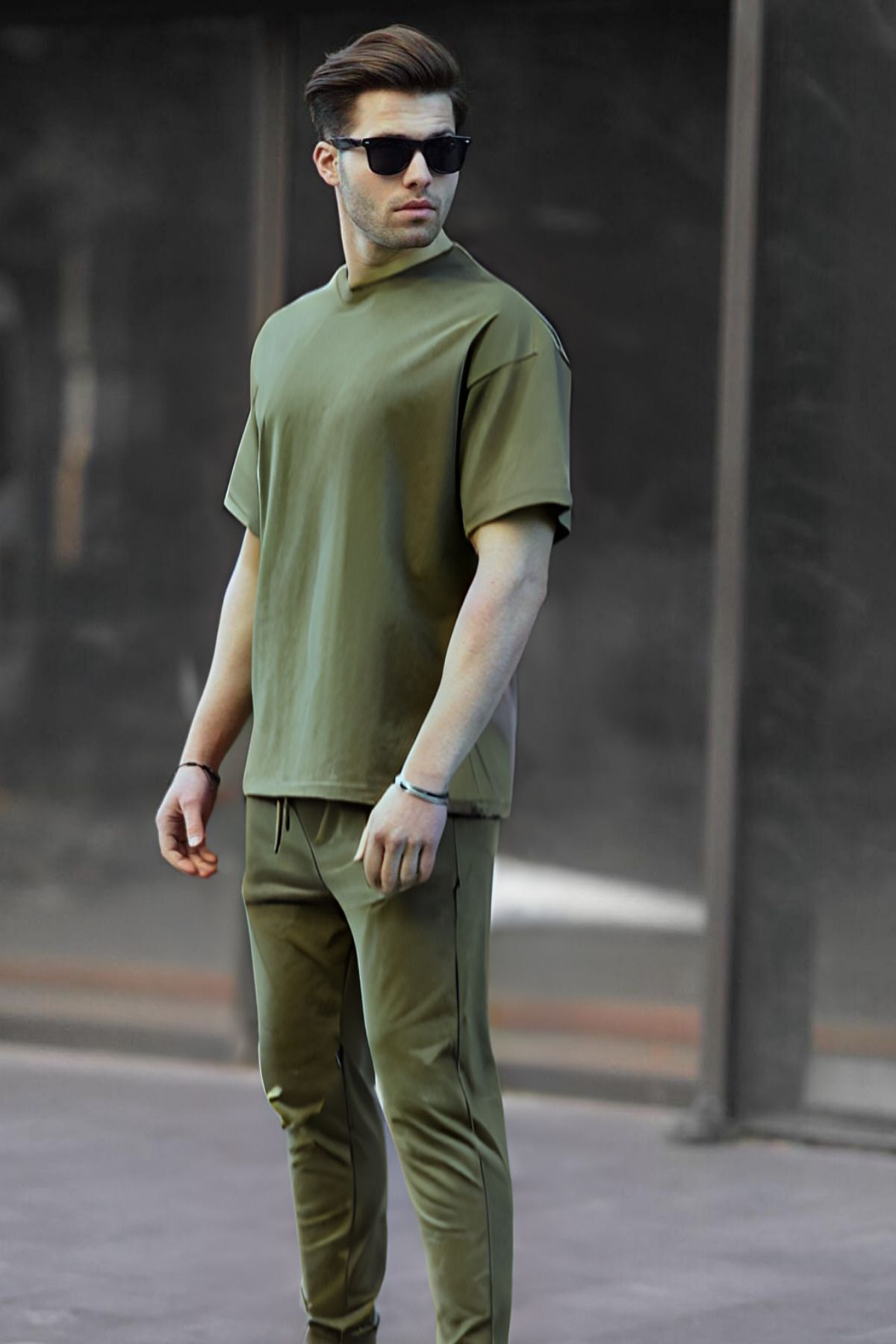 Erkek Rahat Yazlık Penye Oversize T-shirt Pijama Takımı - Haki - 2