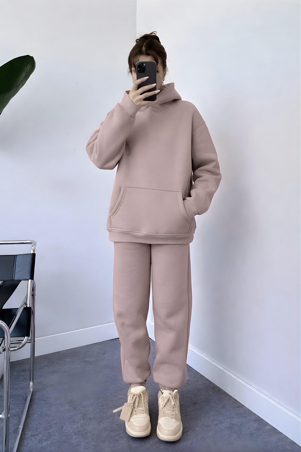 Kadın Oversize Trend Model Kanguru Cep Kapşonlu Sweatshirt Eşofman Takımı - Pudra Pembe - 2