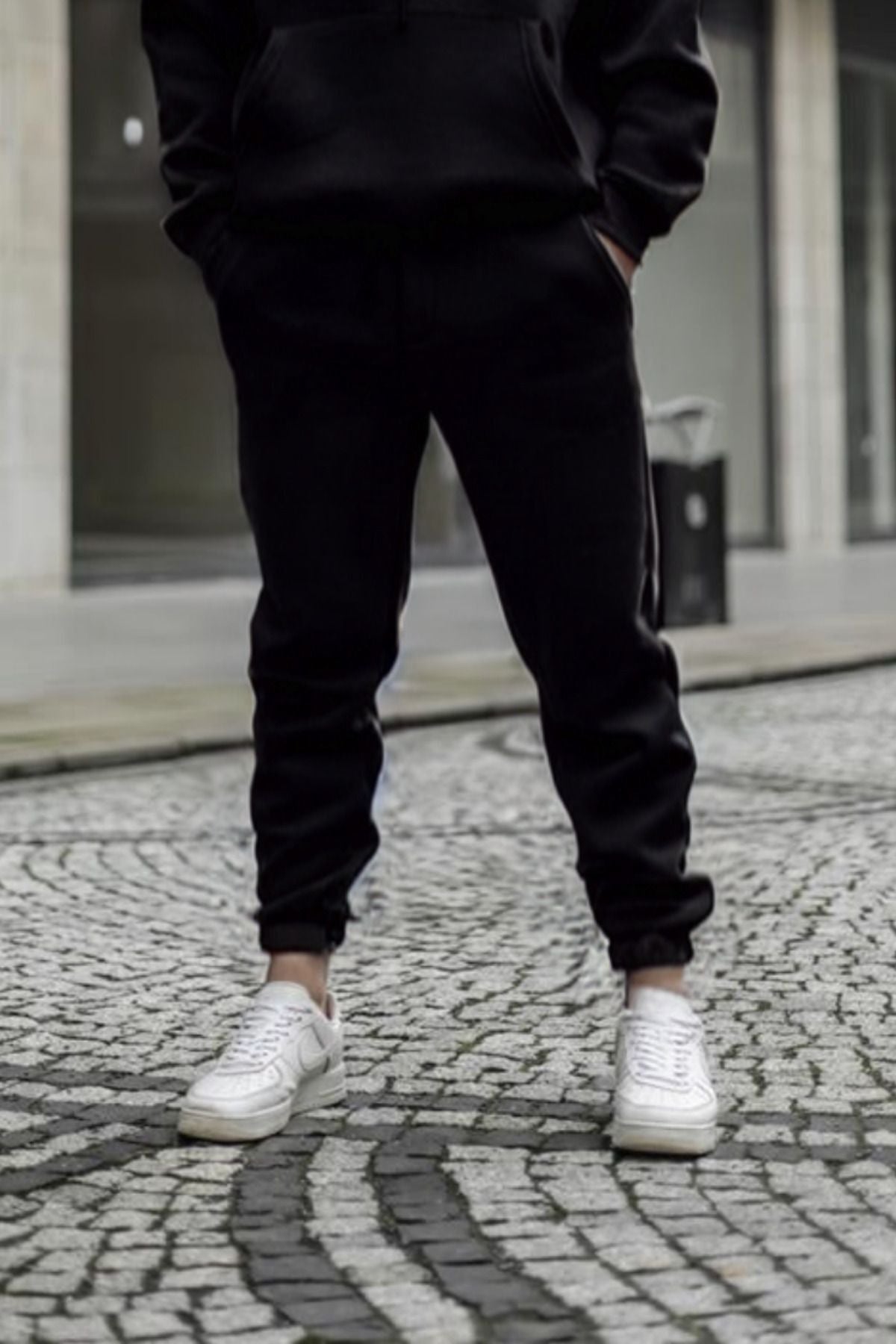 Bay Siyah Beli Lastikli 3 İplik Streetwear Eşofman Altı - Siyah - 2