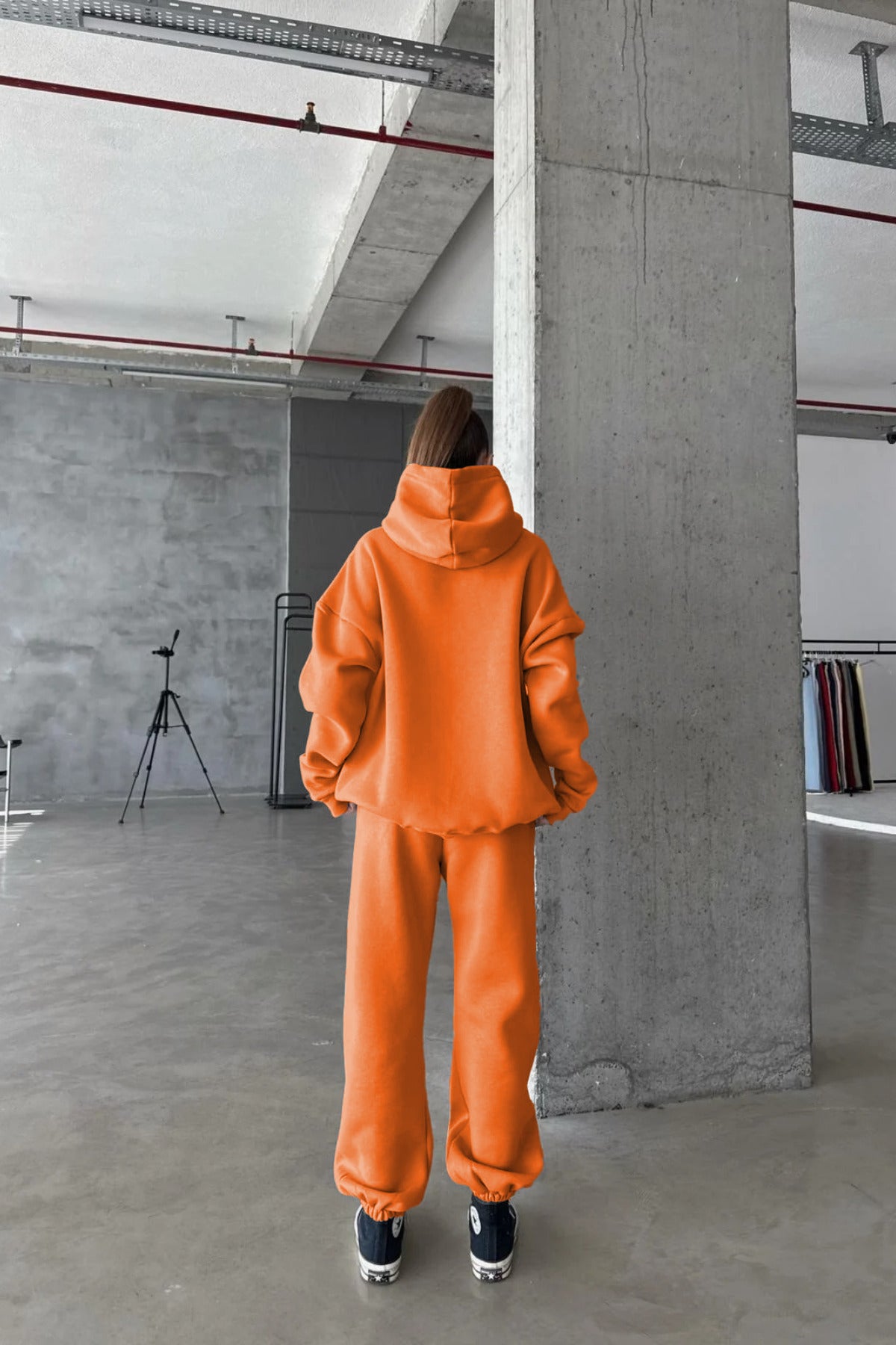 Kadın Paçası Lastikli Jogger Oversize Kışlık Eşofman Takımı - Turuncu - 3