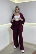 Kadın Bol Paça Palazzo Kimono Alt Üst Takım - Mor - 1