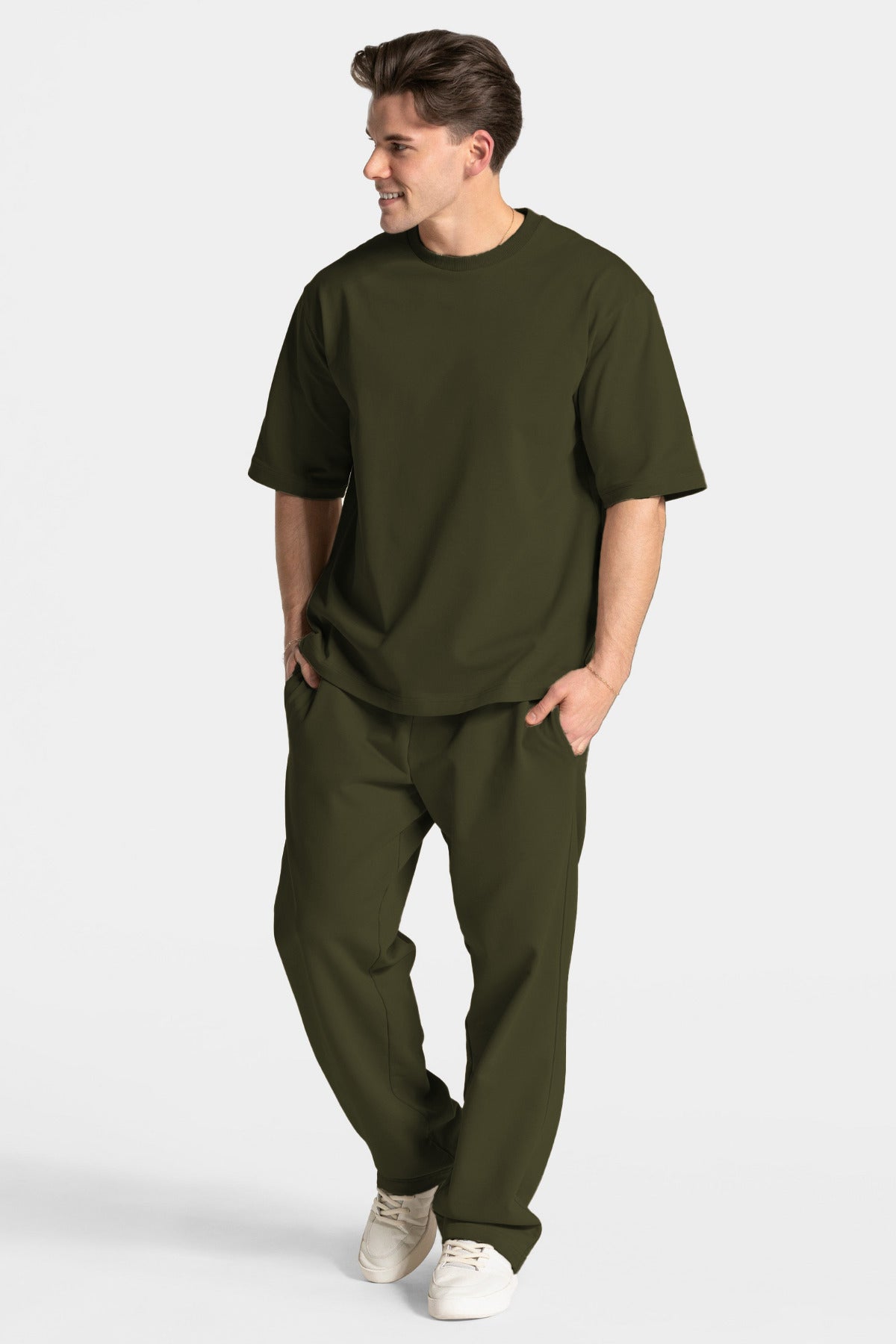 Erkek Kısa Kollu Basic Oversize Eşofman Takımı - Haki - 1