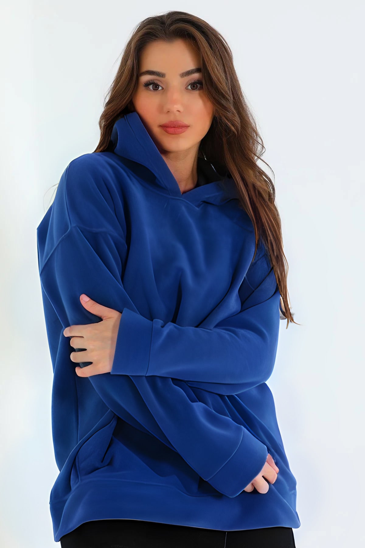 Kadın 3 İ̇plik Kanguru Cep Regular İ̇çi Pamuklu Oversize Okul Sweatshirt - Lacivert - 3