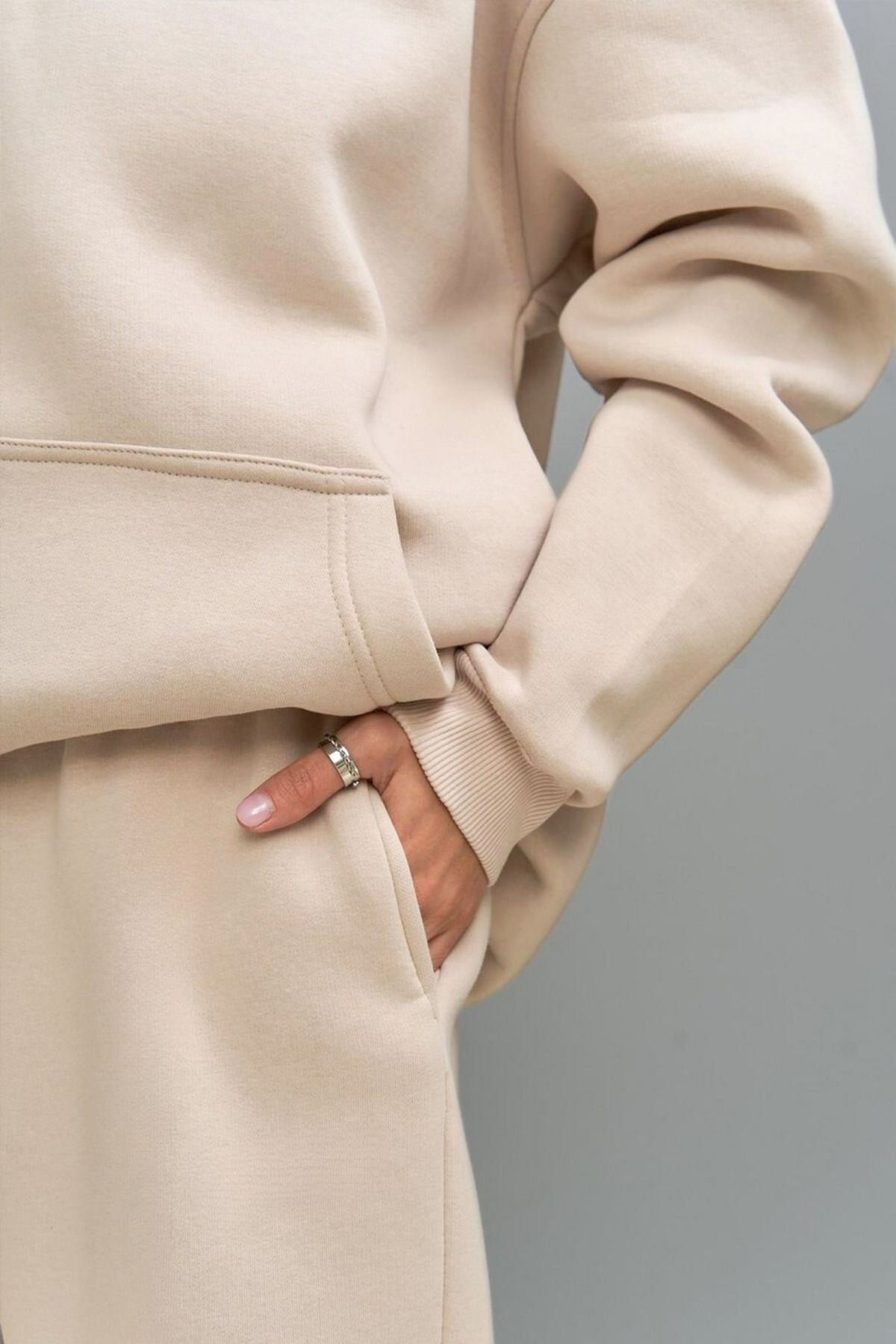 Kadın Eşofman Takımı Sweatshirt Jogger Bej Oversize Şardonlu Kapüşonlu - Bej - 7