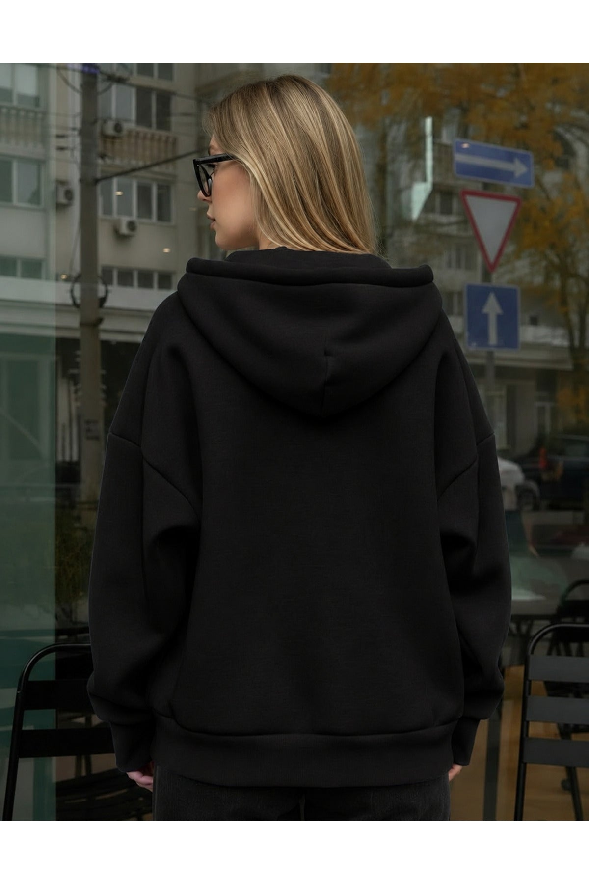 Kadin Oversi̇ze Kapüşonlu Fermuarli Hirka Sweatshirt - Siyah - 3