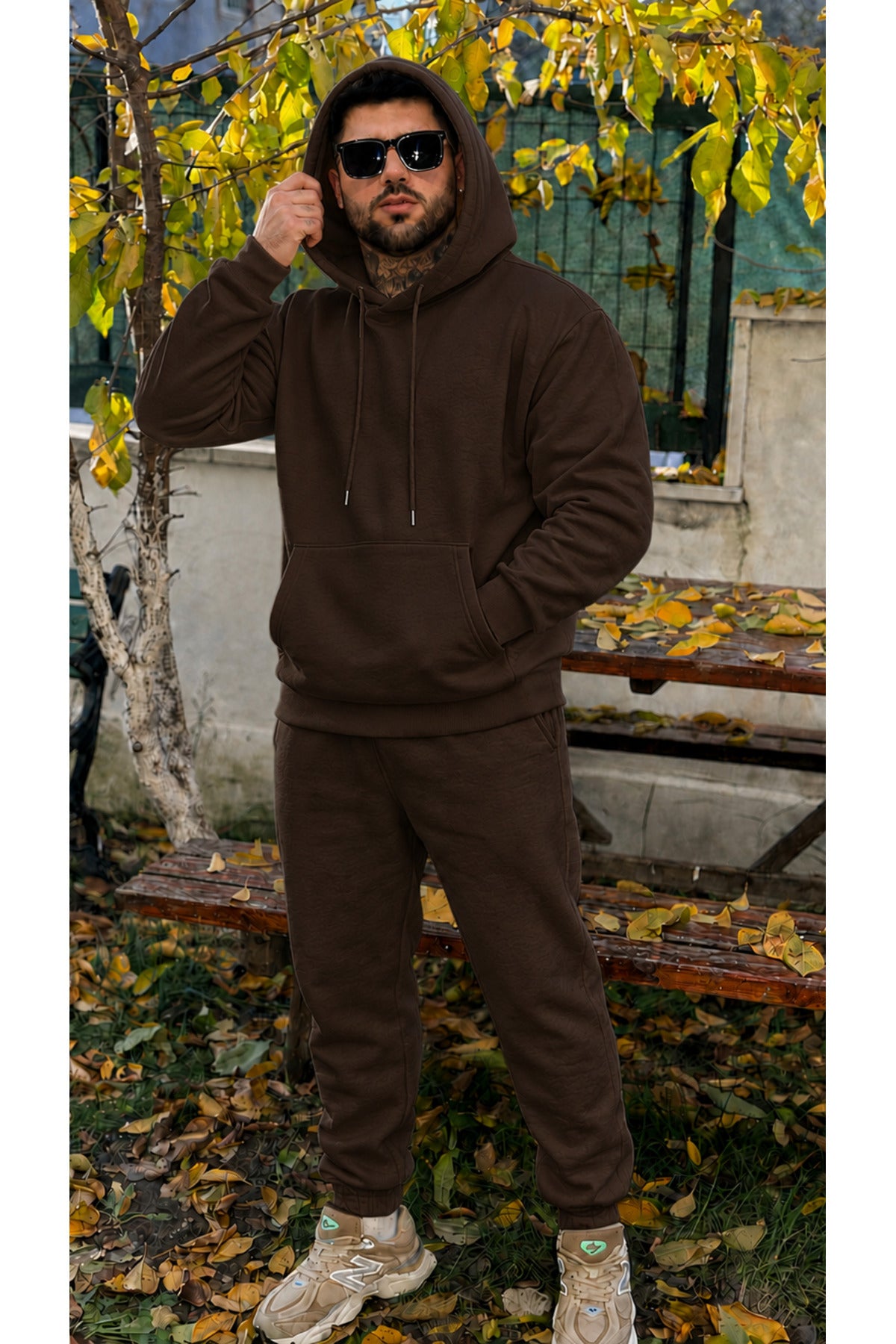 Erkek Kapşonlu 3 İ̇plik Şardonlu Salaş Bol Hoodie Eşofman Takımı - Kahverengi - 4