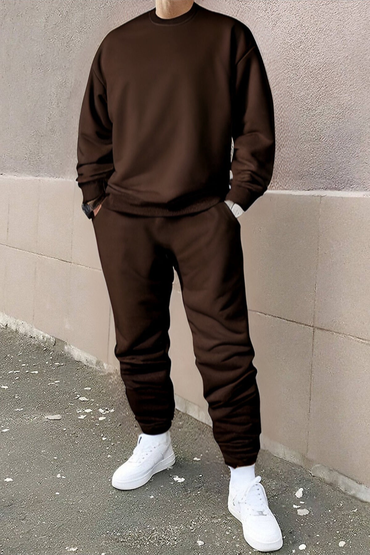 Oversize Rahat Kalıp Günlük Ve Spor Bisiklet Yaka Eşofman Takımı - Kahverengi - 1