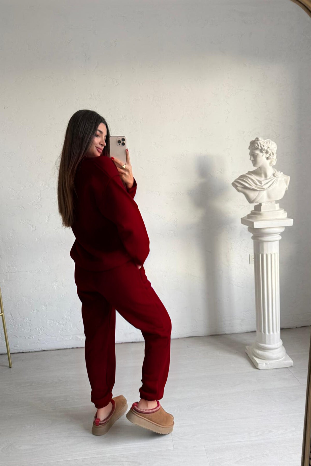 Kadın 3 İ̇plik Oversize Bisiklet Yaka Eşofman Takımı - Bordo - 1