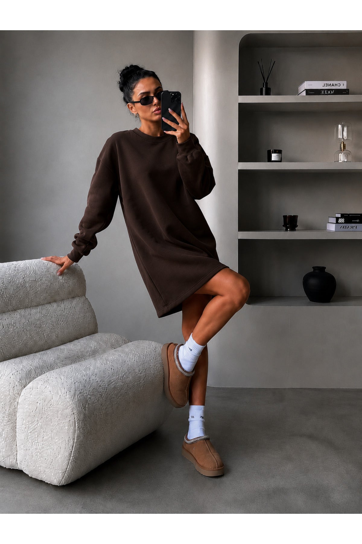 Kadin 3 İ̇pli̇k Yeni̇ Uzun Kollu Bi̇si̇klet Yaka Rahat Sweatshirt Elbi̇se - Kahverengi - 3