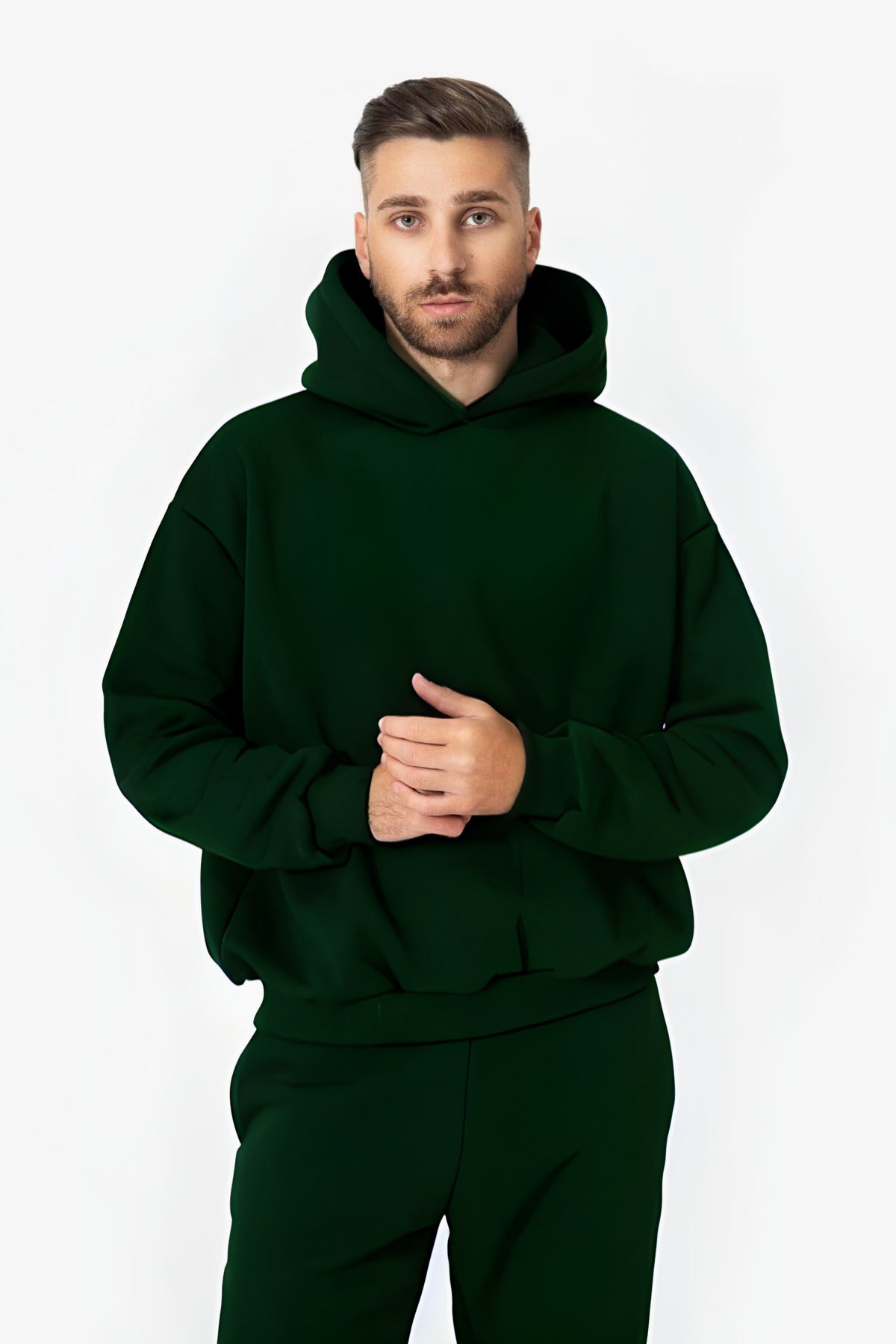 Erkek Oversize 3 İ̇plik Paçası Lastikli Eşofman Takımı - Koyu Yeşil - 1