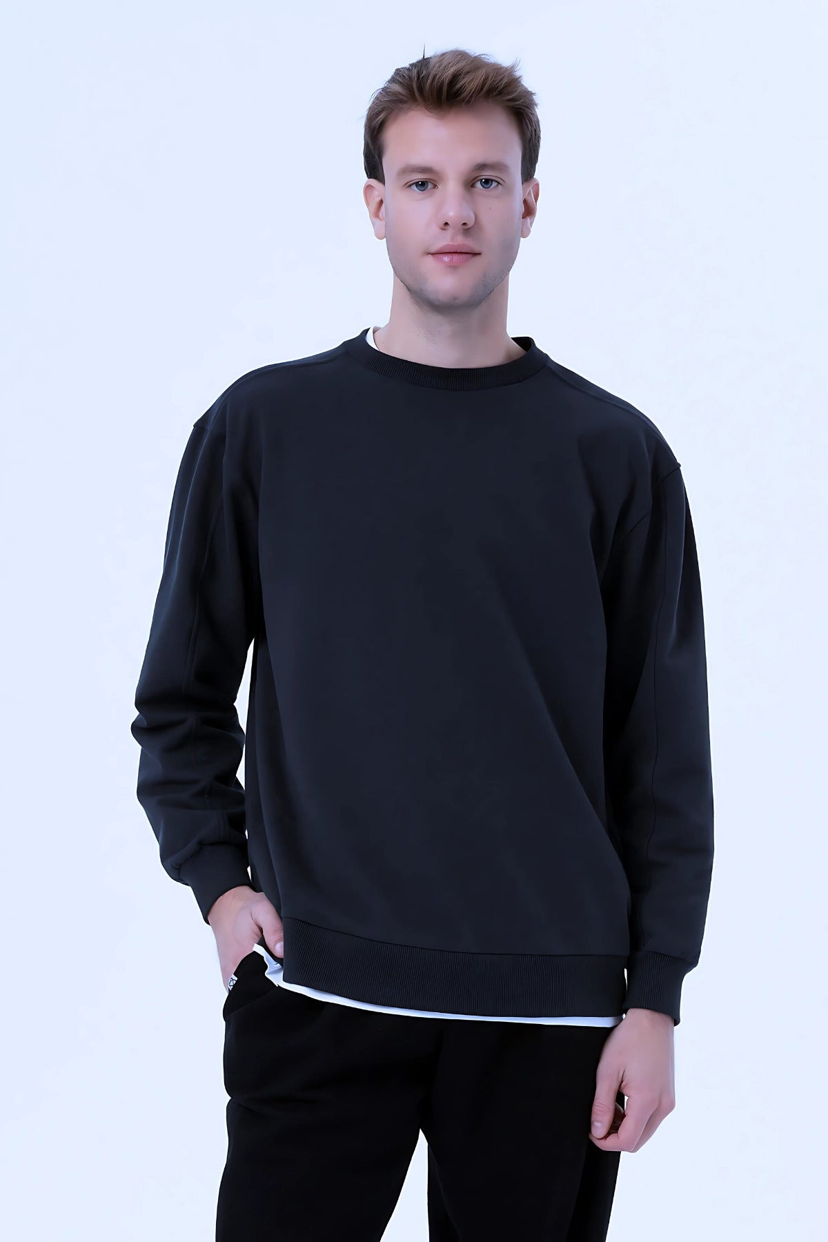 Erkek Oversize 3 İ̇plik İ̇çi Pamuklu Uzun Kollu Bisiklet Yaka Kazak - Lacivert - 1