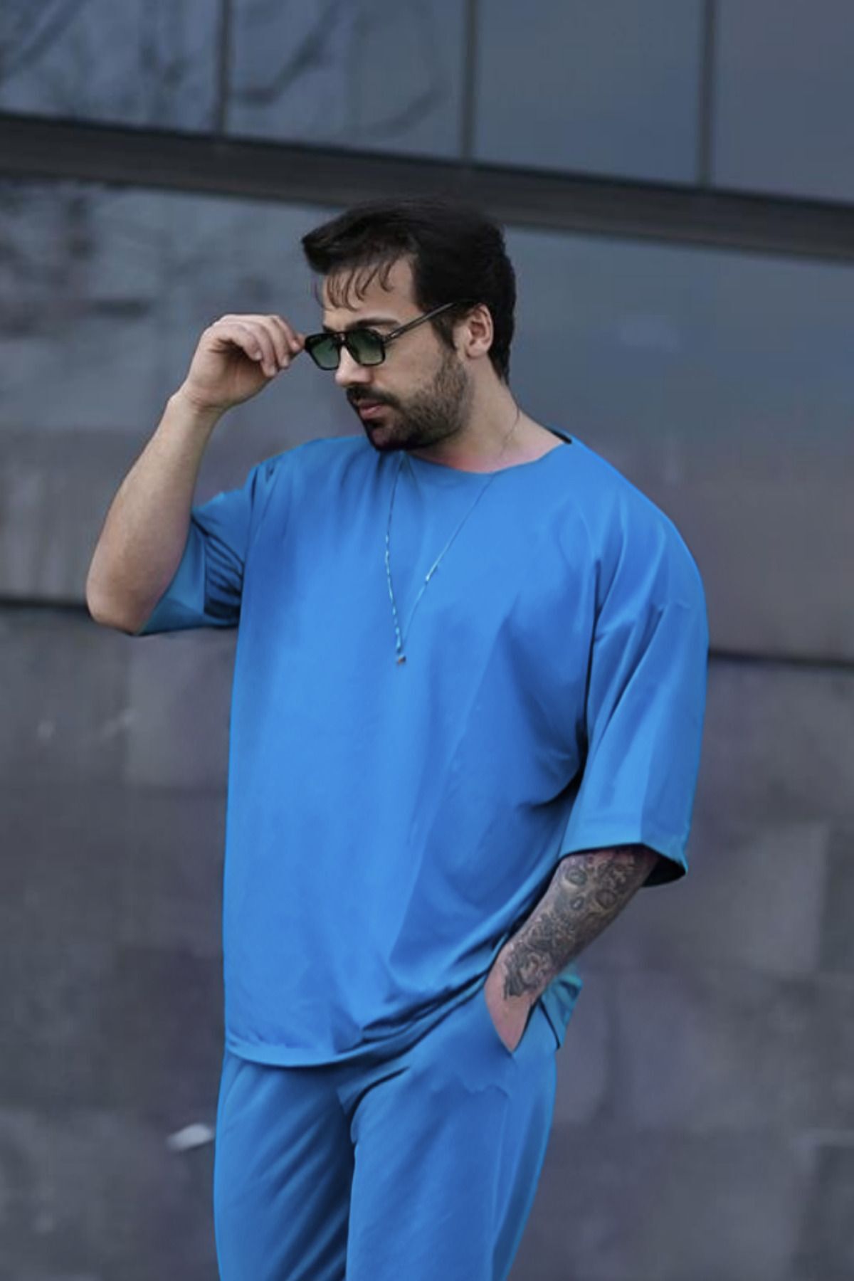 Erkek Oversize Pamuklu Nefes Alan T-shirt - İndigo - 2