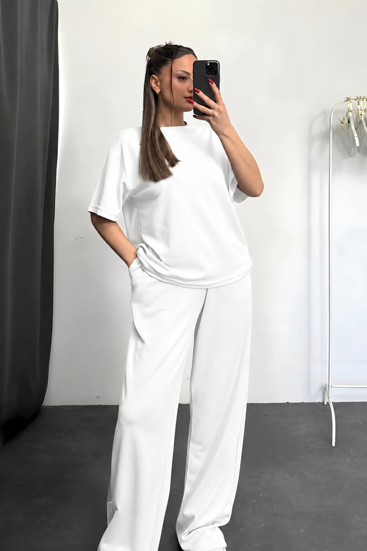 Kadın Kısa Kollu Oversize Süper Yüksek Bel Esnek Bisiklet Yaka Eşofman Takımı - Beyaz - 1