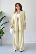 Kadın Dökümlü Bürümcük Yazlık Kimono Takım - Bej - 1