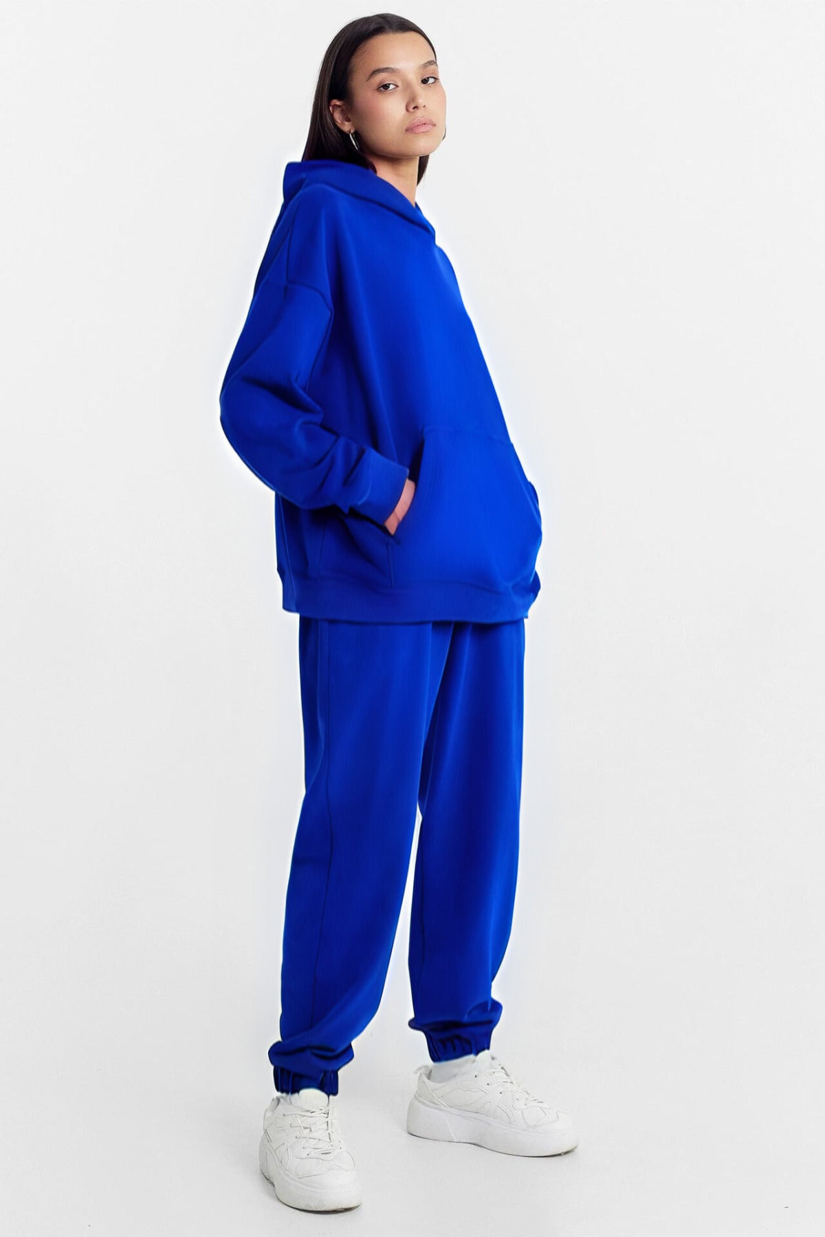 Kadın Yüksek Bel 3 İ̇plik Kışlık İ̇çi Pamuklu Bol Kalıp Lastikli Paça Süper Eşofman Takımı - Saks Mavisi - 2