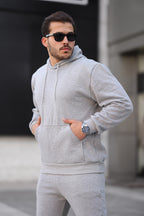 Erkek Bol Kesim Oversize 3 İ̇plik İ̇çi Pamuklu Şardonlu Kanguru Cep Kapşonlu Kışlık Hoodie Sweatshirt - Gri - 3