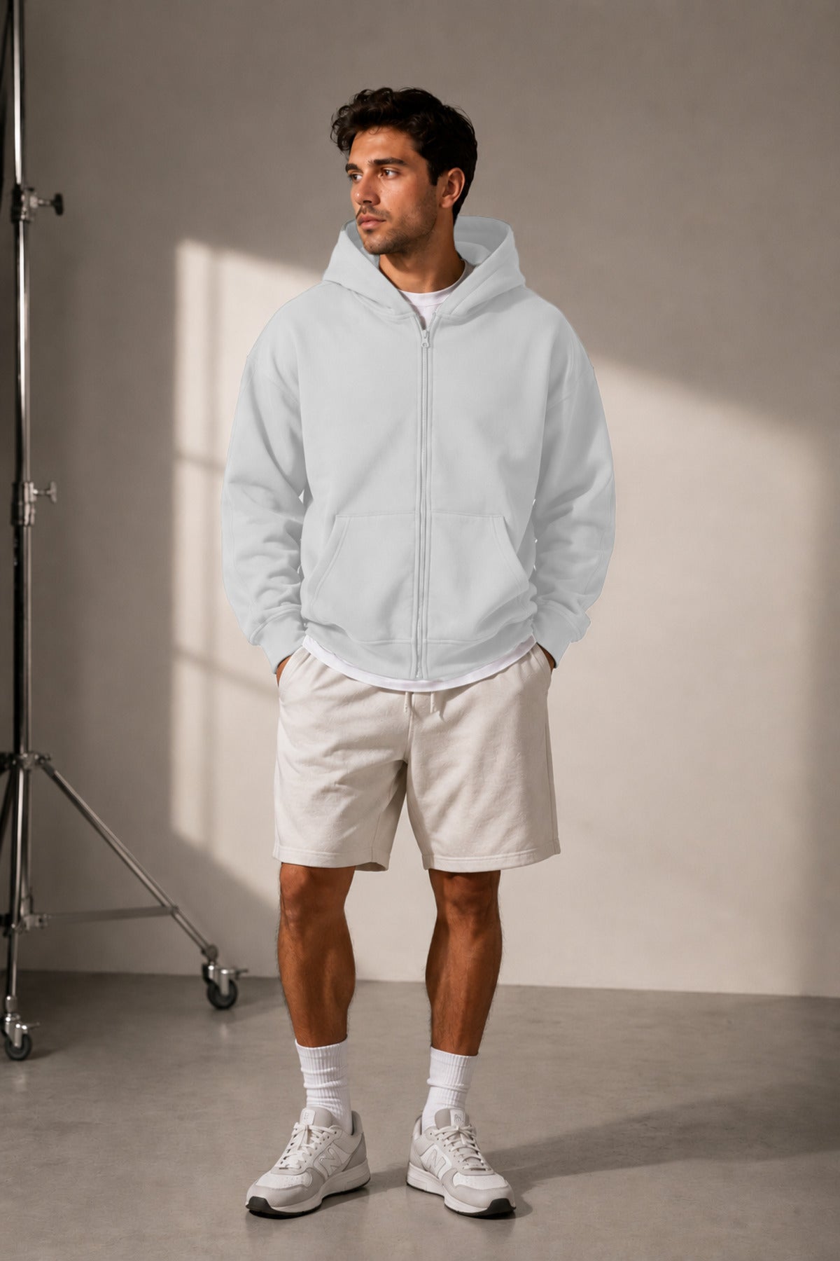 Erkek Mevsimlik Kapşonlu Basic Oversize Hırka - Beyaz - 3