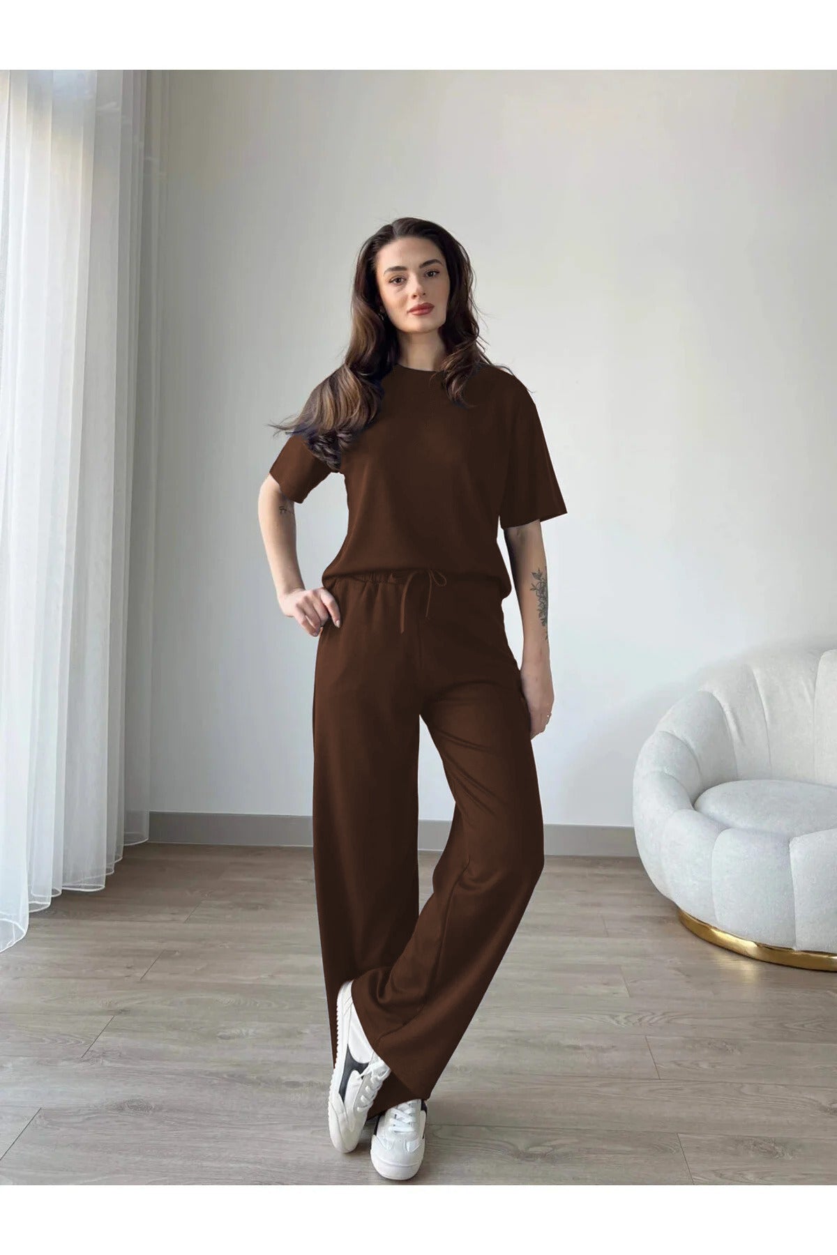 Kadın Modal Penye Full Esnek Süper Yüksek Bel Alt Üst Takım - Kahverengi - 2